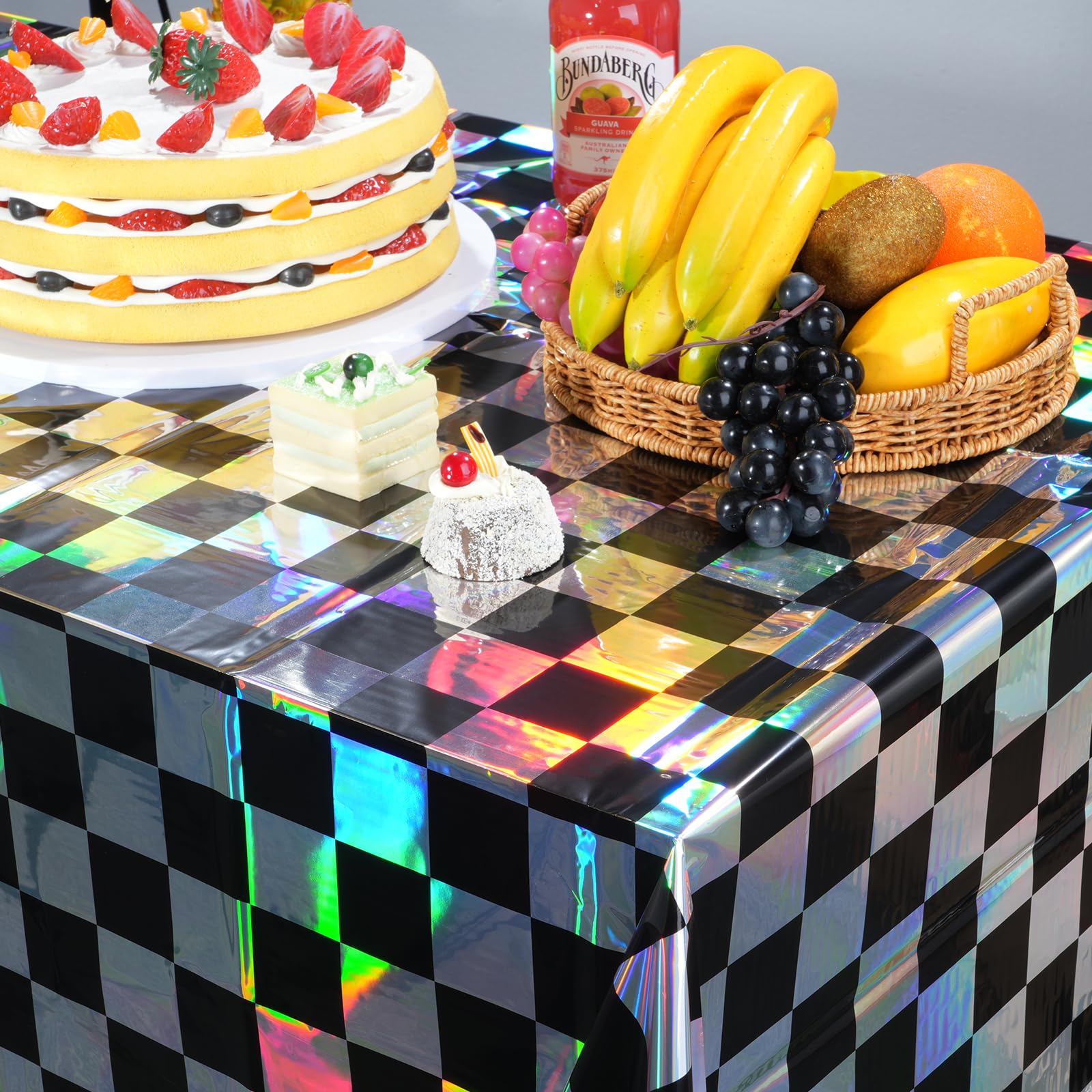 3Pack Black And Iridescent Checkered Plastic Tablecloth, Shiny Disposable Laser Rectangle Table Covers, Holographic Foil Tablecl