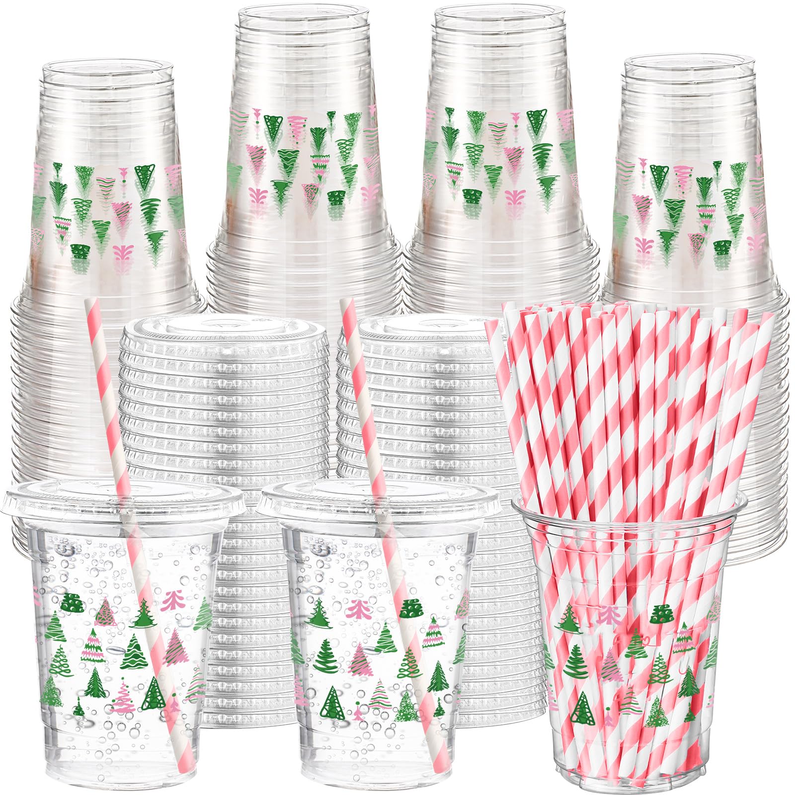 Funnymoom 50 Sets Christmas Disposable Plastic Cups Bulk with Lids Straws 16 oz Pink Green Xmas Tree Plastic Cups Cold Beverage 