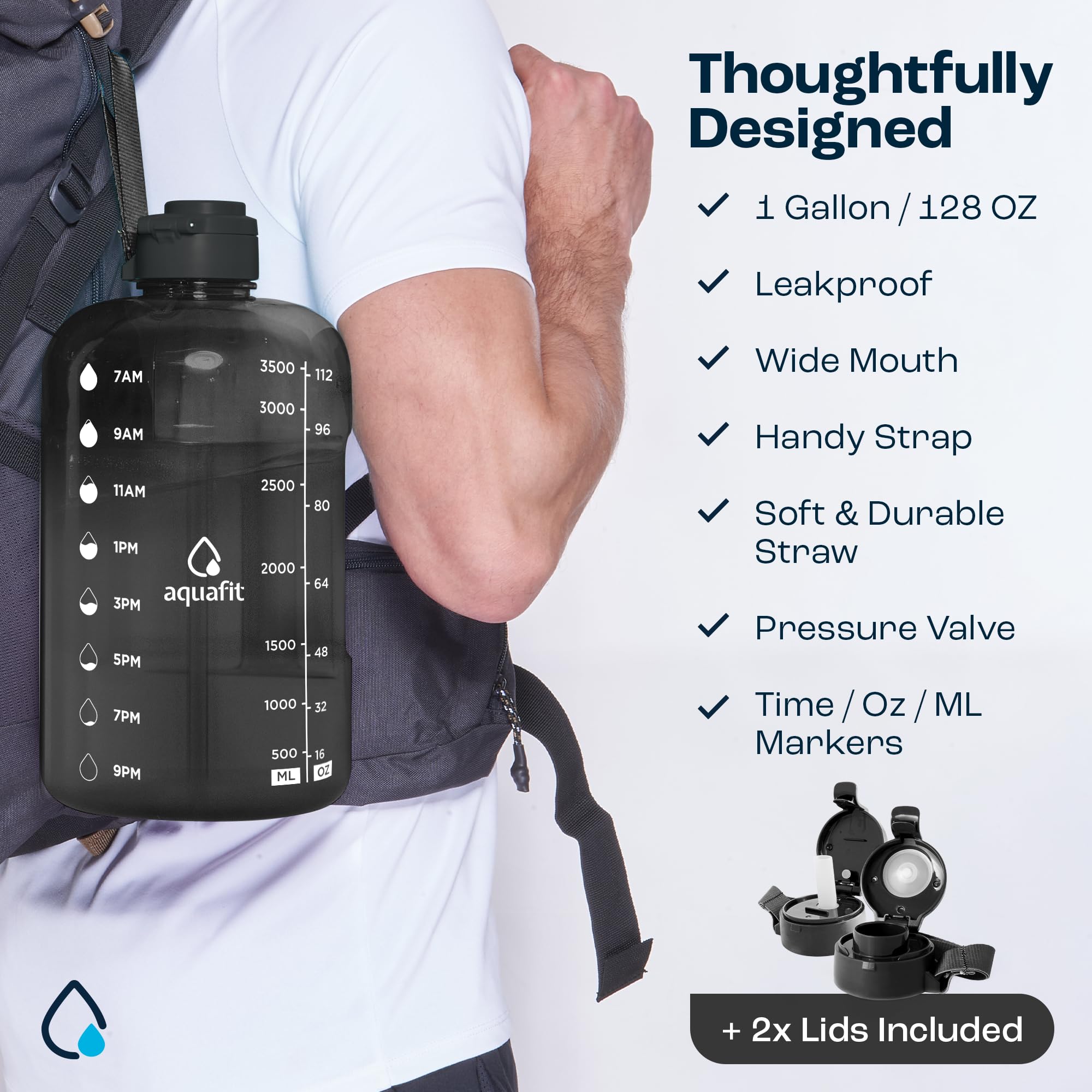 AQUAFIT 1 Gallon Water Bottle with Time Marker - Straw & Chug Lid - BPA Free Gym Water Bottle with Straw - Big Gallon Jug (Clari