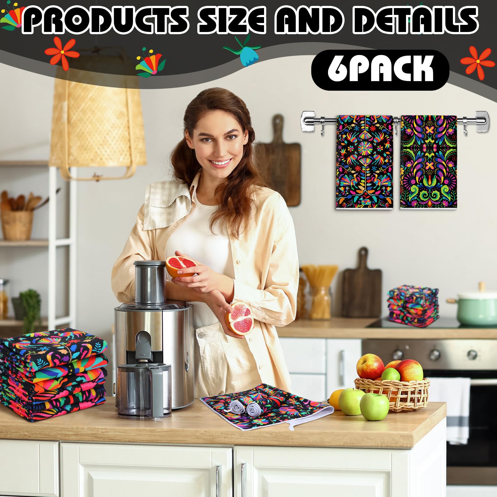 Breling Set Of 6 Mexican Otomi Kitchen Towels Mexican Talavera Themed Dish Towel Bathroom Decorative Mexican Traditional Bird Fl