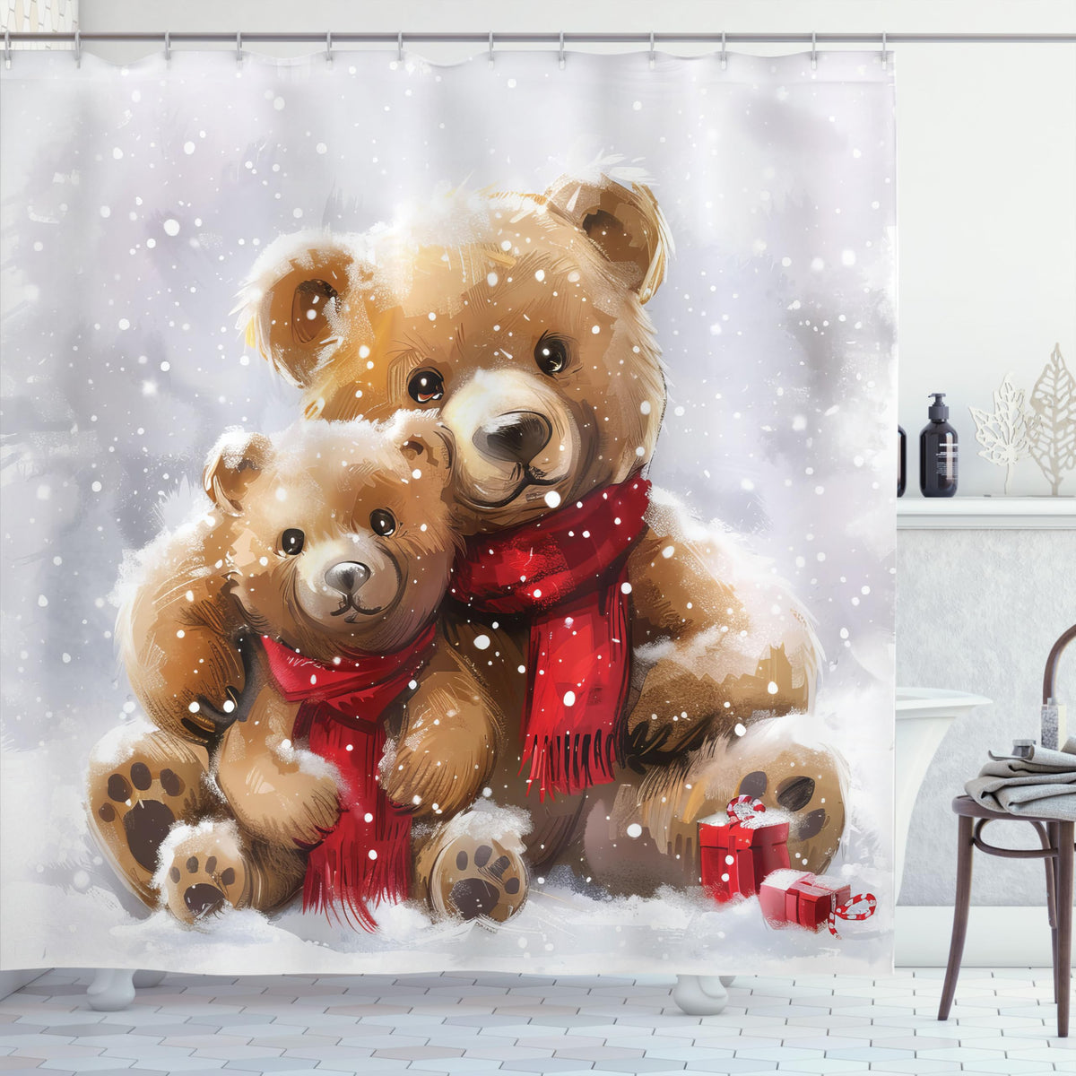 Ambesonne Christmas Shower Curtain, Classic Oil Paint Look Bear Family In Snowy Atmosphere Of Xmas Joy, Cloth Fabric Bathroom De