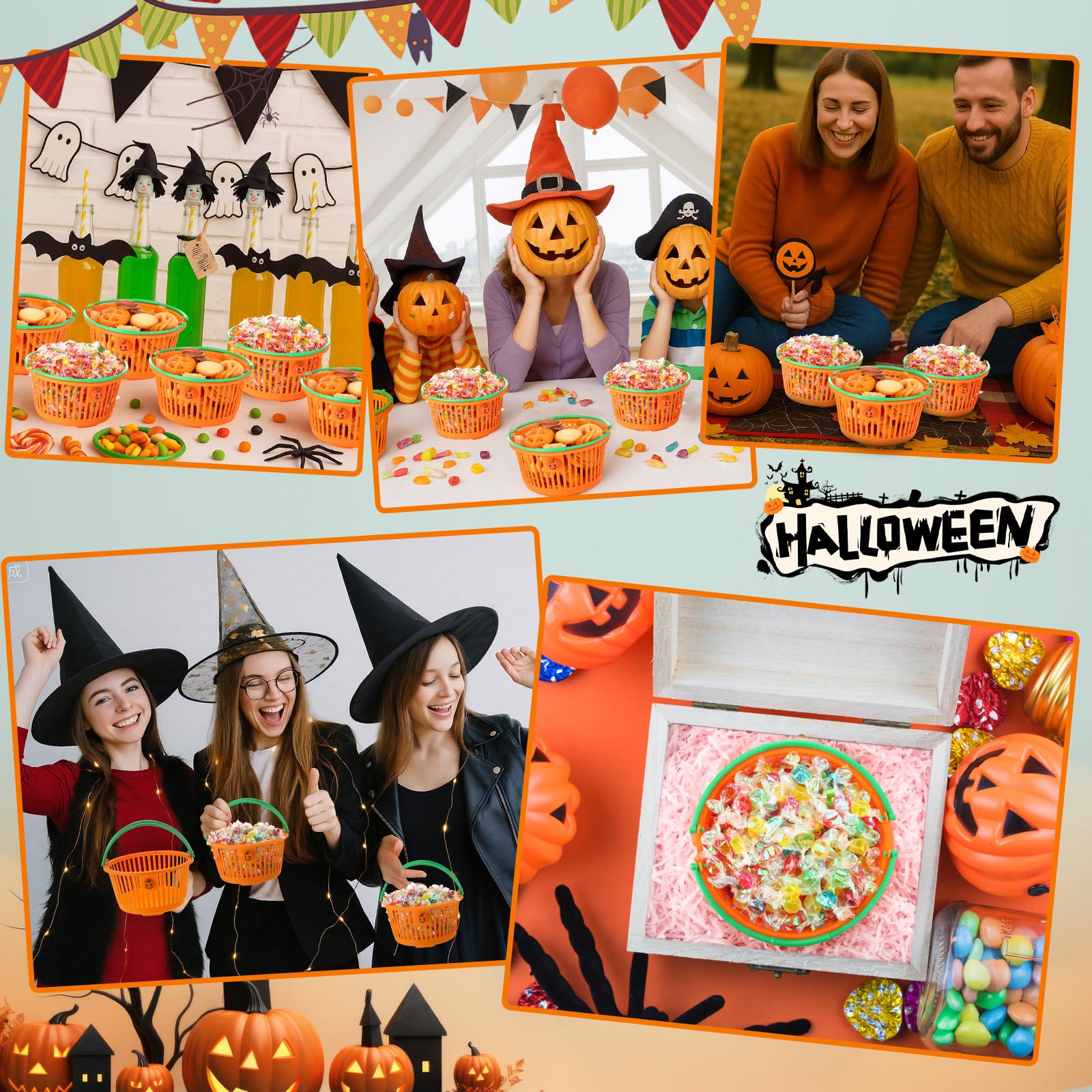 Potchen 12 Pcs Halloween Pumpkin Baskets Bulk Trick or Treat Candy Buckets Plastic Devil Smile Candy Basket with Handle Pumpkin