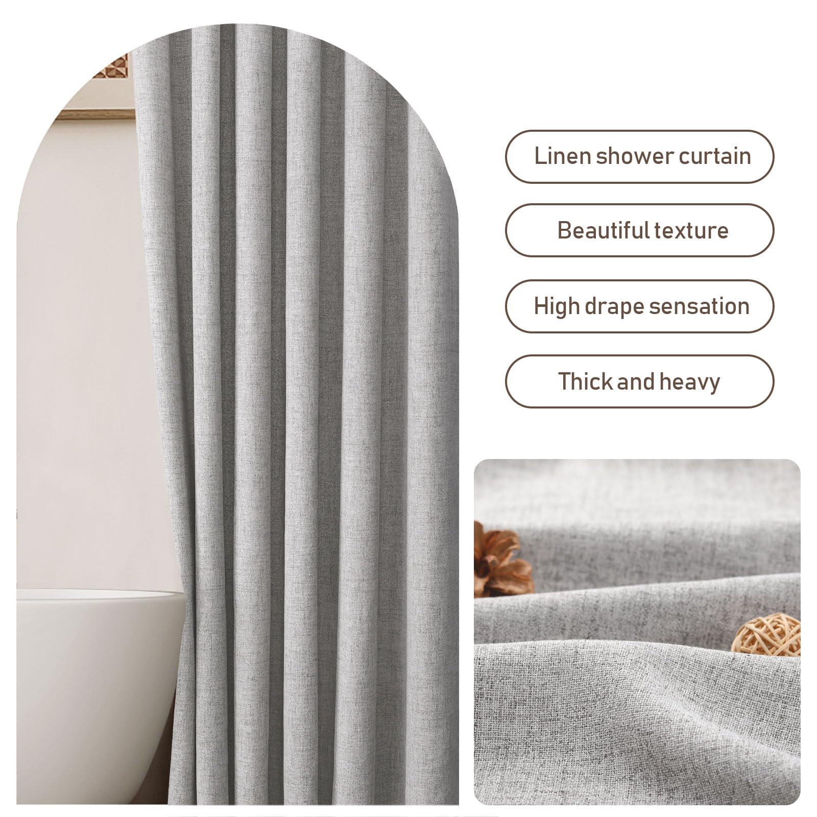 Awellife Grey Linen Style Shower Curtain Set With 12 Durable Hooks - Textured Fabric Heavy Cloth Shower Curtains For Bathroom 72