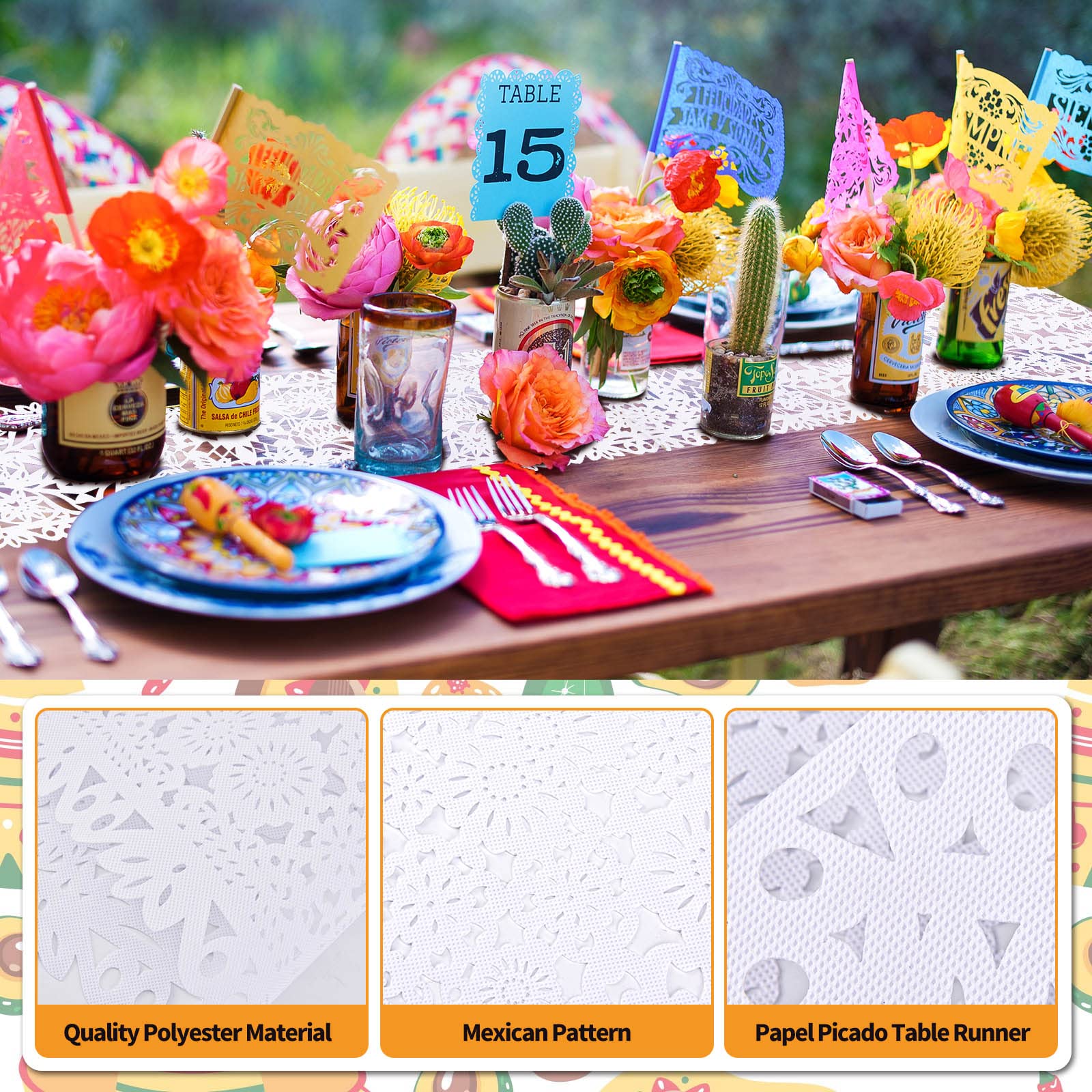 14 X 84 Inches Mexican Party Table Runner White Papel Picado Tablecloth Runner Fabric Table Decoration For Cinco De Mayo Mexican