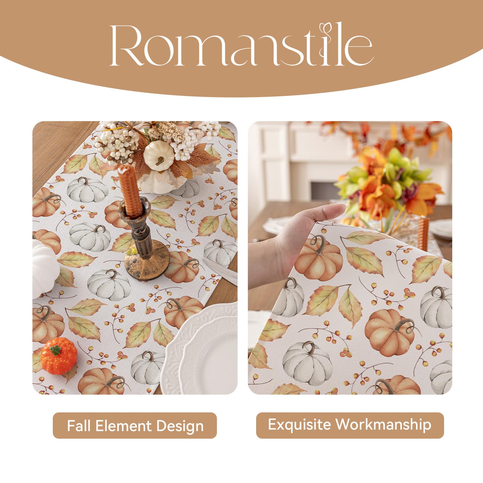 Romanstile Orange Pumpkin Fall Table Runner 13 x 72 Inch, Autumn Thanksgiving Harvest Farmhouse Style Table Decoration for Dinin