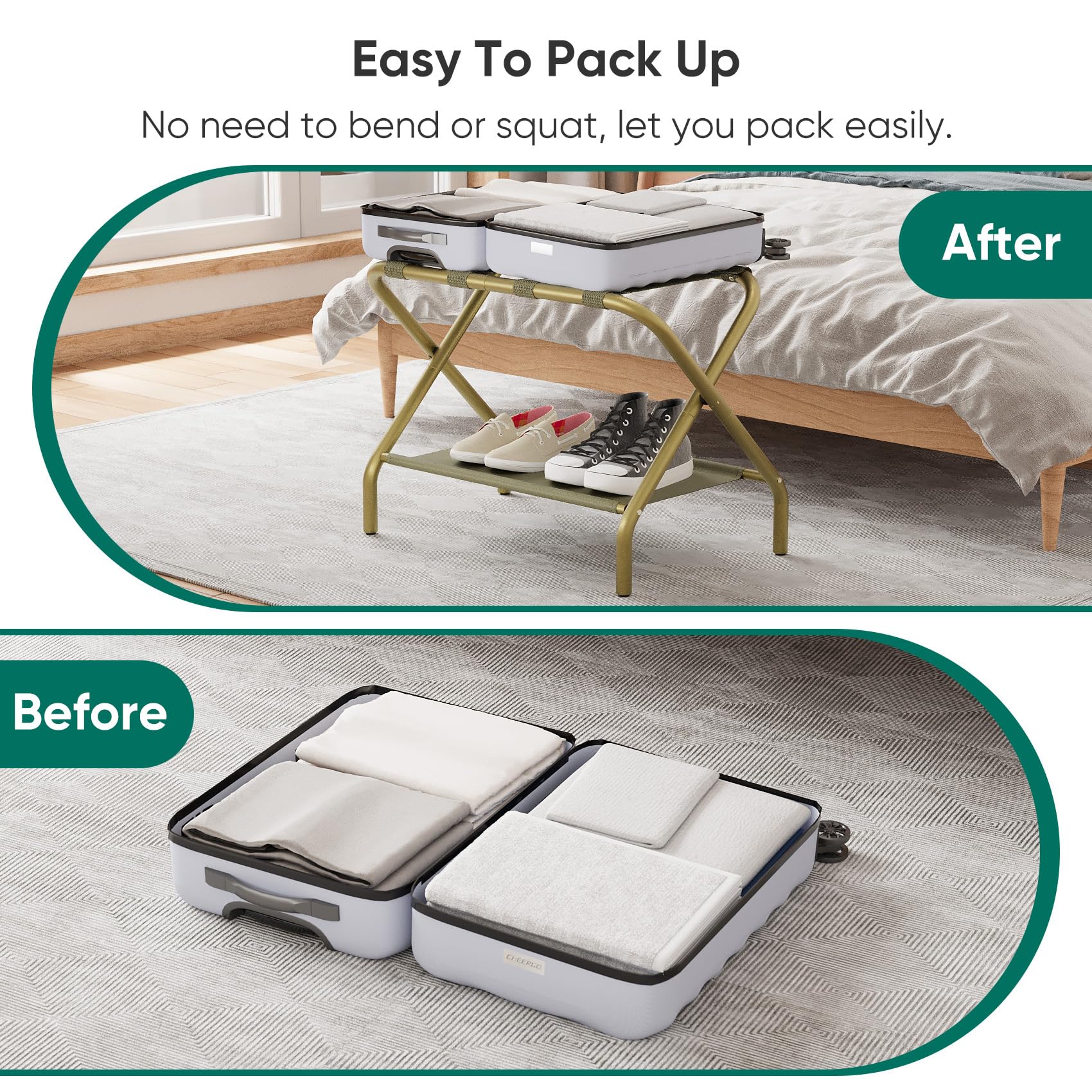 Smuxee Gold Luggage Rack Pack Of 2, Foldable Suitcase Stand With Fabric Storage Shelf, Luggage Holder With 4 Nylon Straps For Ho