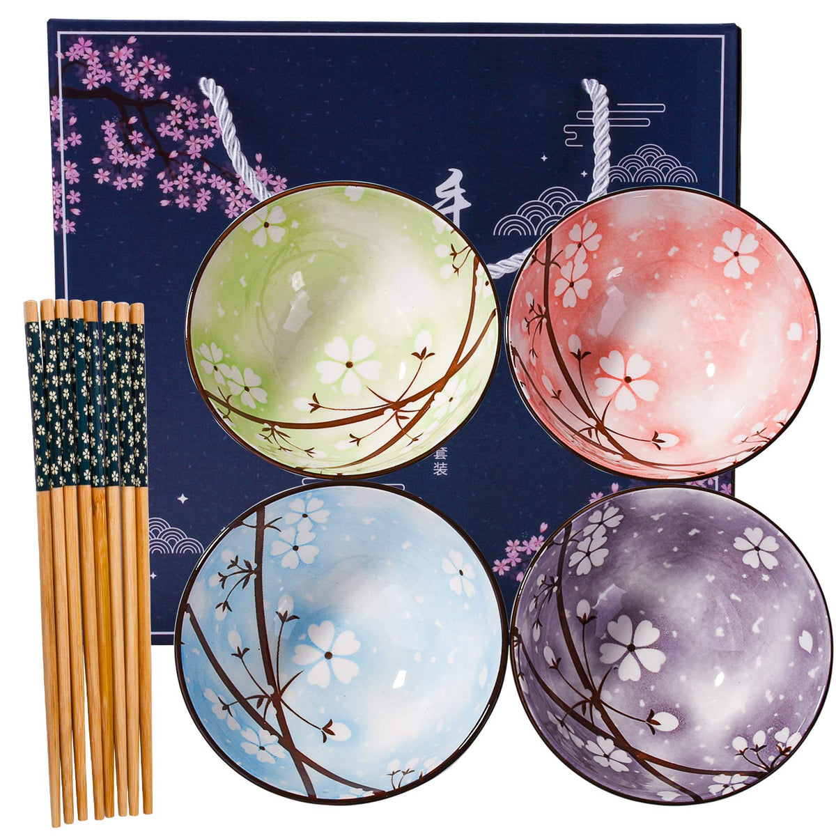 Japanese Style Rice Display Japanese Style Ceramic Rice Bowl And Chopstick Set Of 4, Assorted Desi ...