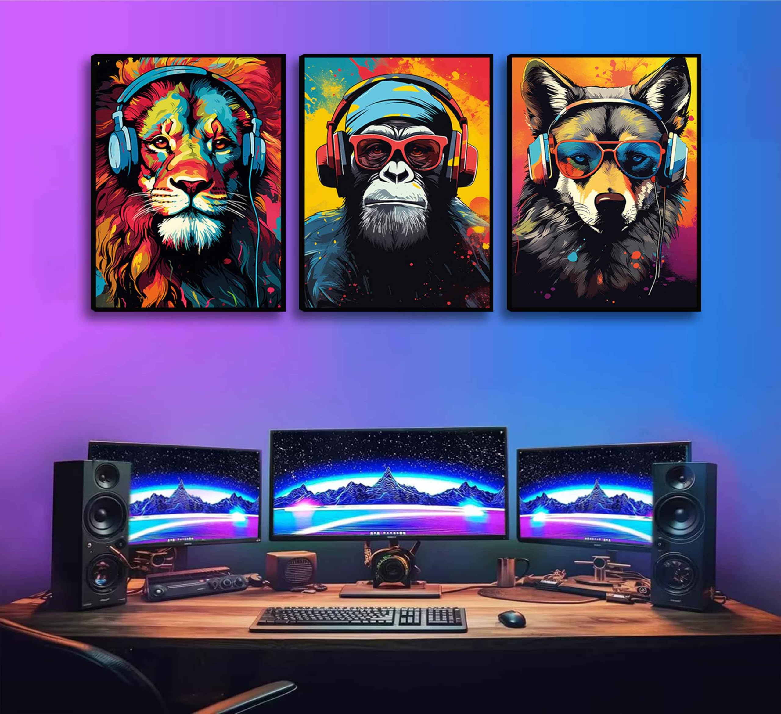 3Pcs Gaming Wall Art Animal Graffiti Posters Pictures With Headphones Sunglasses Gorilla Tiger Wolf Cool Gamer Canvas Prints Col