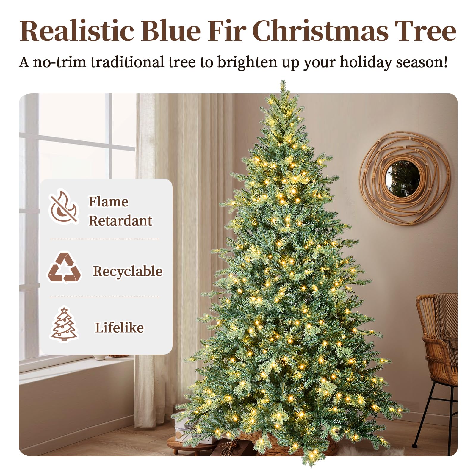 8ft Blue Spruce Artificial Christmas Tree Pre Lit with 750 Lights Hinged Branch Xmas Tree with Foldable Metal Tree Stand for Chr