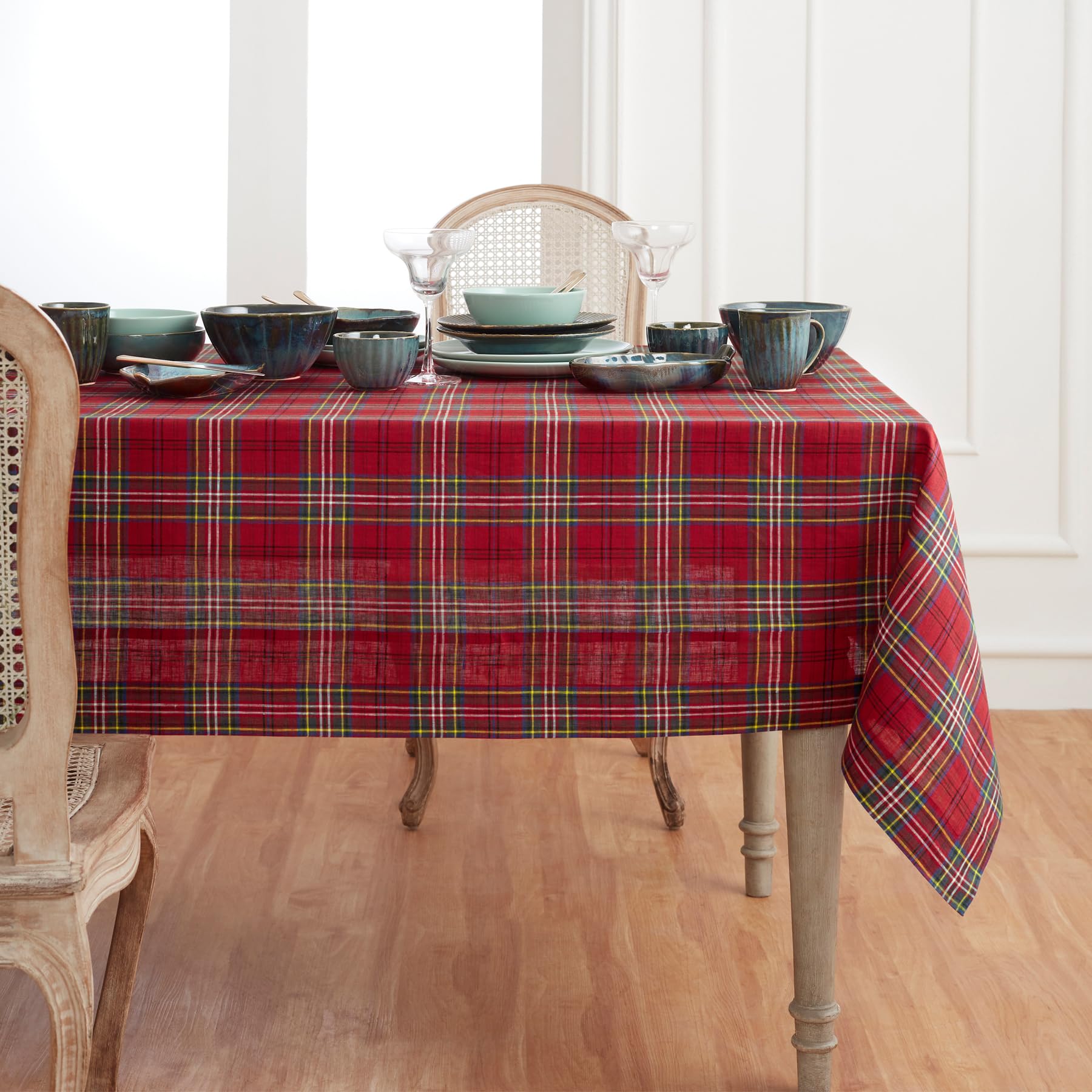 Solino Home Tablecloth 120'' L X 60'' W Inch - 100% Pure Linen Red Classic Tartan Plaid Tablecloth - Handcrafted And Machine Was