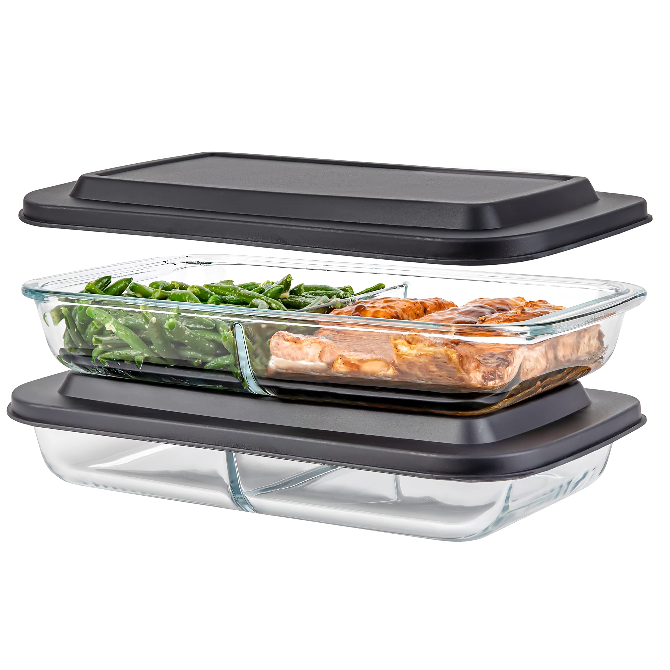 Divided Glass Casserole Baking Dish, Rectangular Bakeware Set 2.3 Qt Each, Oven to Table Clear Glass Lasagna Pan with Divider2 