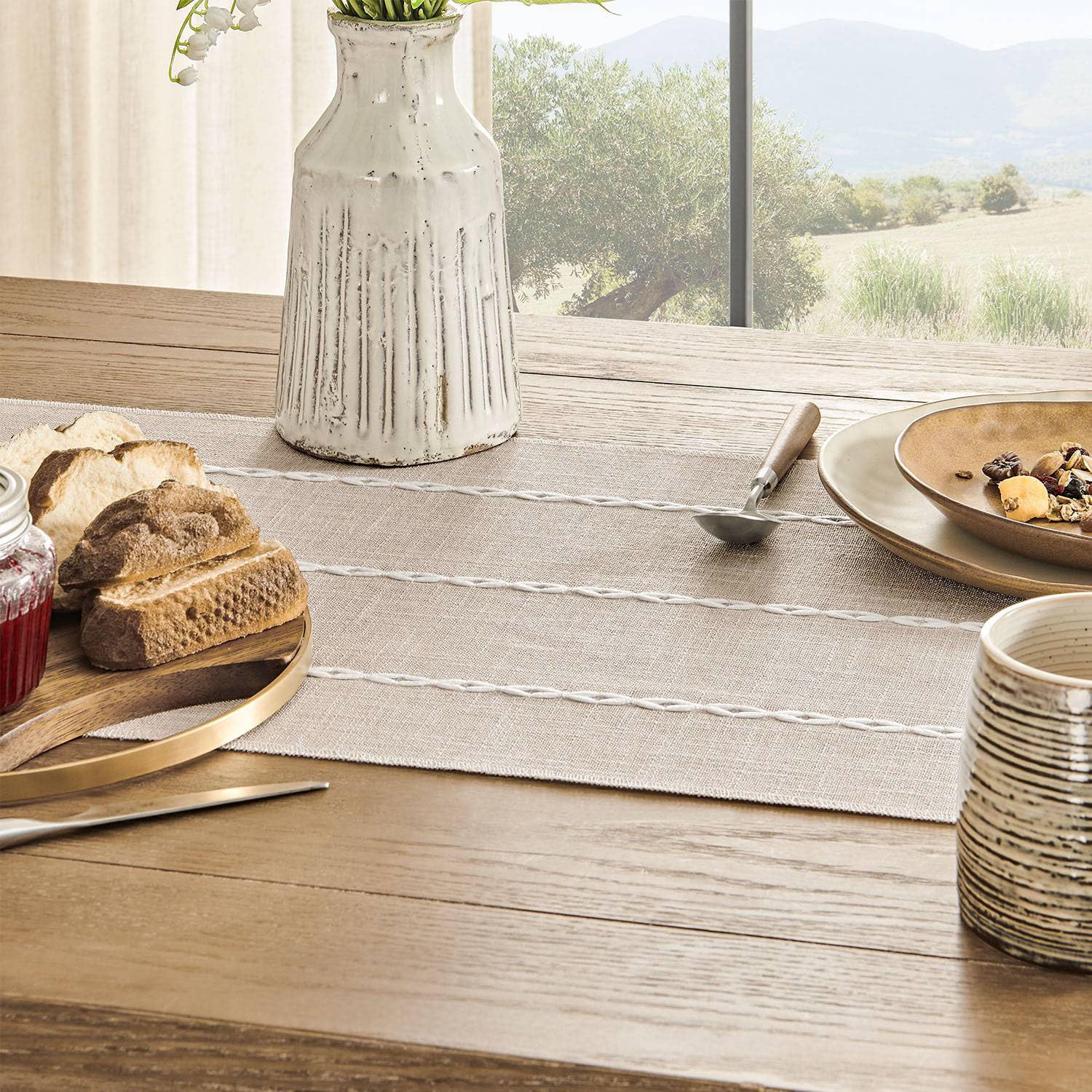 Zeemart Farmhouse Table Runner, Rustic Table Runners 90 Inches Long, Linen Boho Table Runner, Braided Striped Cream Table Runner