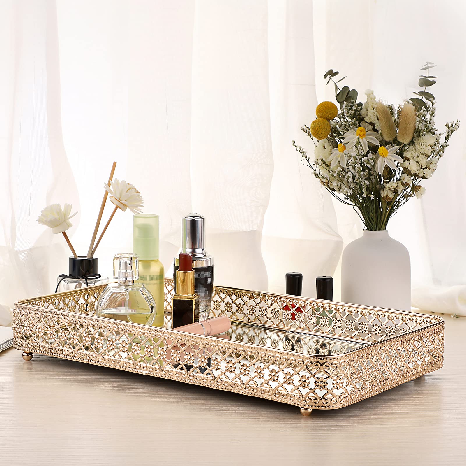 Elldoo Gold Perfume Tray Mirror Tray Makeup Vanity Tray Hollow-Carved Jewelry Tray Glass Metal Trinket Storage Tray Home Organiz