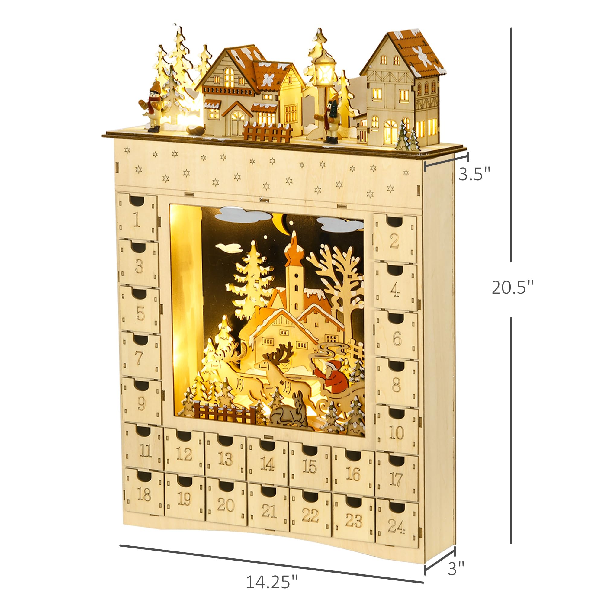 HOMCOM Christmas Advent Calendar, Light Up Wooden Holiday Decoration with 24 Countdown Drawers and LED Lights for Kids and Adult