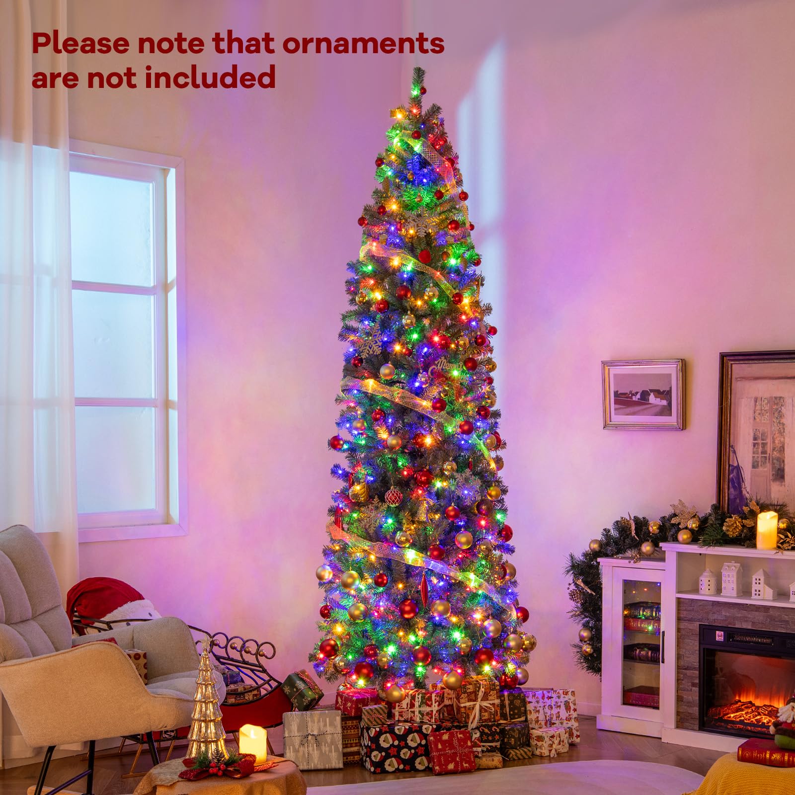 GOFLAME 9FT Pre-Lit Pencil Christmas Tree, Hinged Artificial Xmas Tree with 1168 Branch Tips, 500 LED Lights, 9 Lighting Modes &