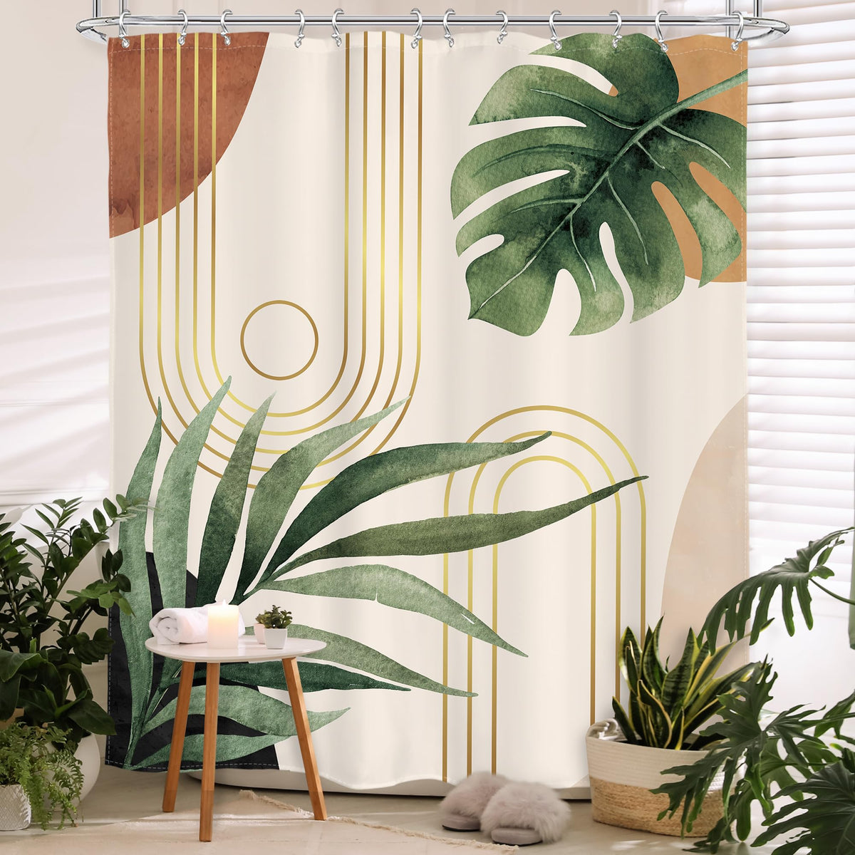 Glawry Abstract Mid Century Shower Curtain Boho Green Tropical Palm Tree Sun Arch Bathroom Minimalist Modern Aesthetic Geometric