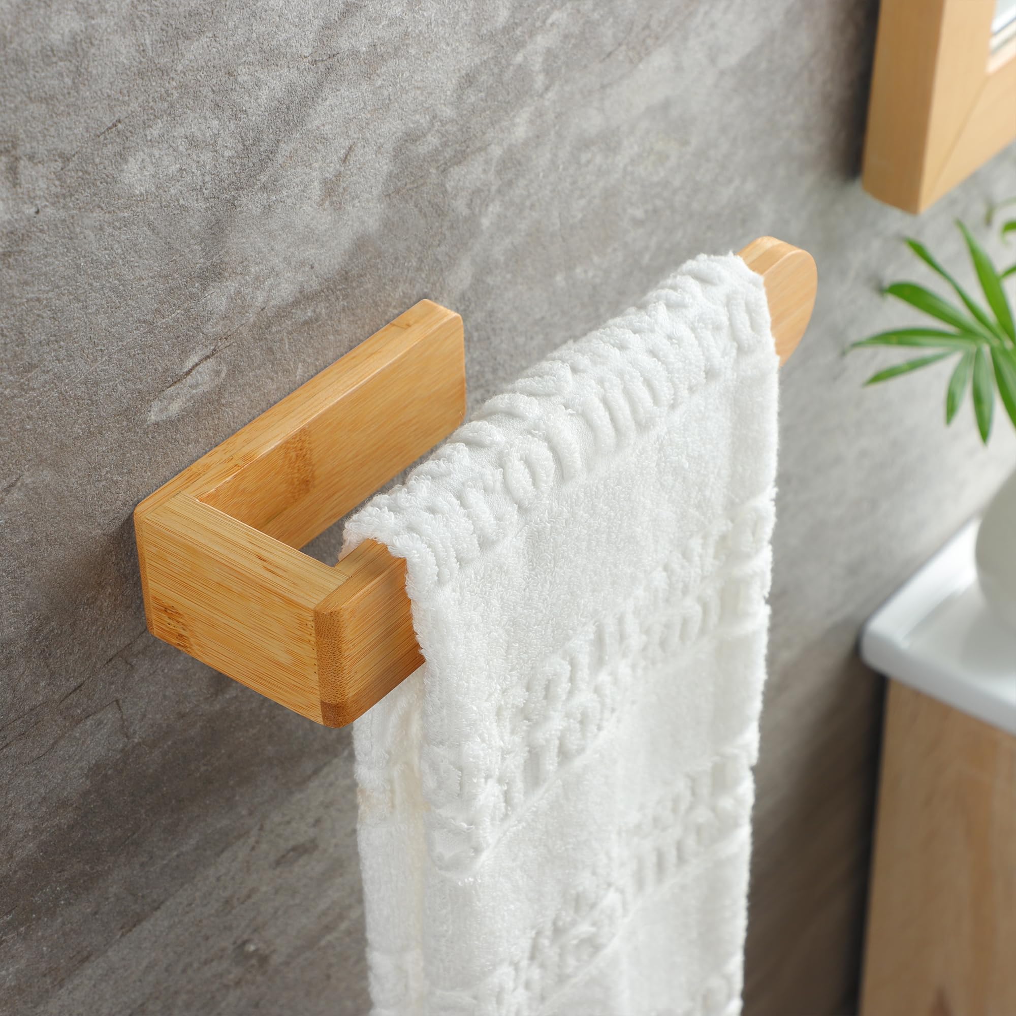 Taozun Towel Holder - Self Adhesive Bamboo Towel Rack, Decorative Natural Wooden Towel Rail For Bathroom, 8 Inch Wall Mounted To