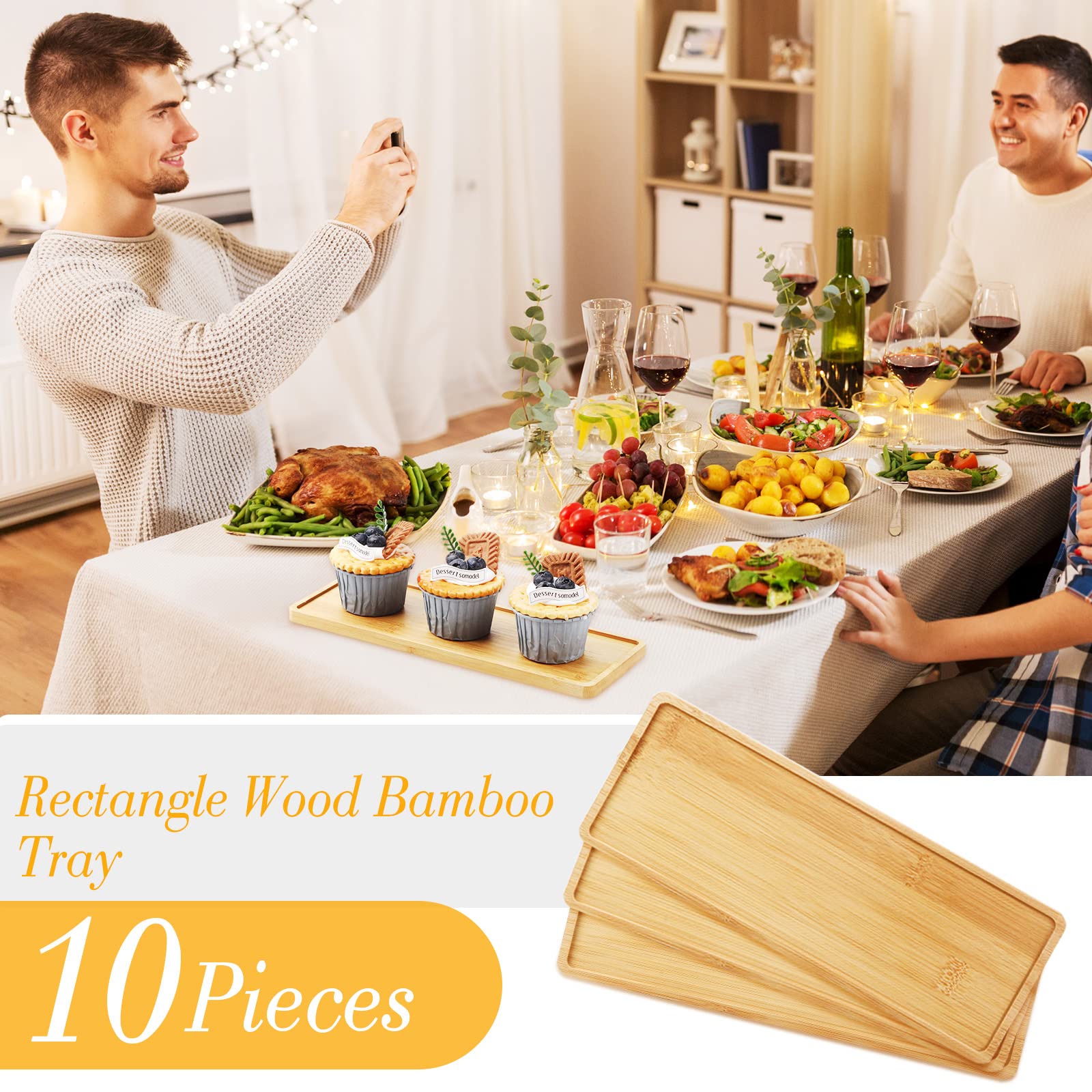 Bokon 10 Pcs Rectangle Wood Bamboo Tray Bamboo Serving Tray Wooden Serving Platter Wooden Tray For Bathroom Counter Trays For Se