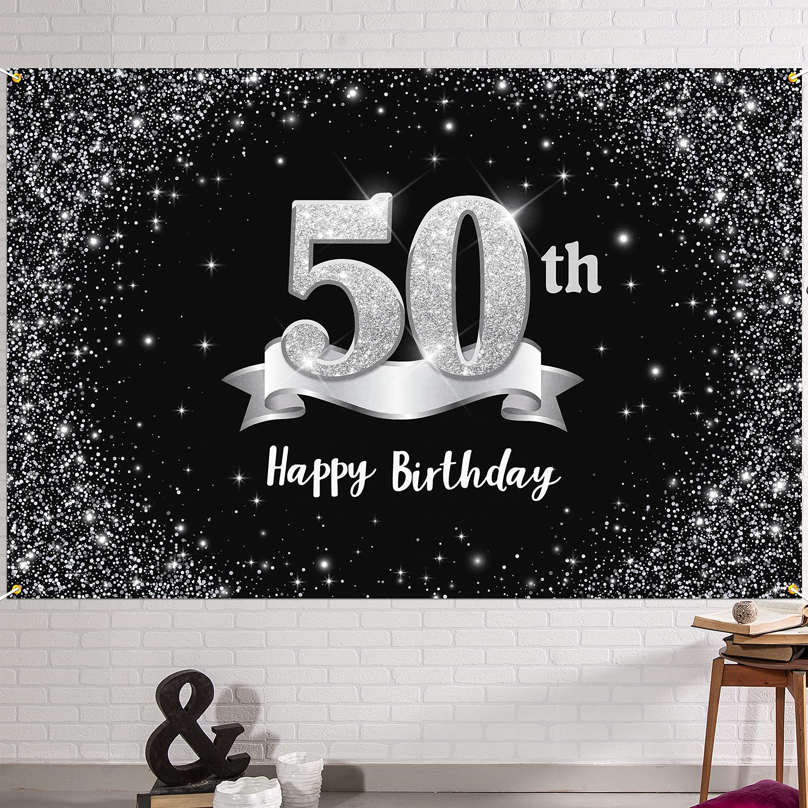Hamigar 6X4Ft Happy 50Th Birthday Banner Backdrop - 50 Years Old Birthday Decorations Party Supplies For Women Men - Black Silve