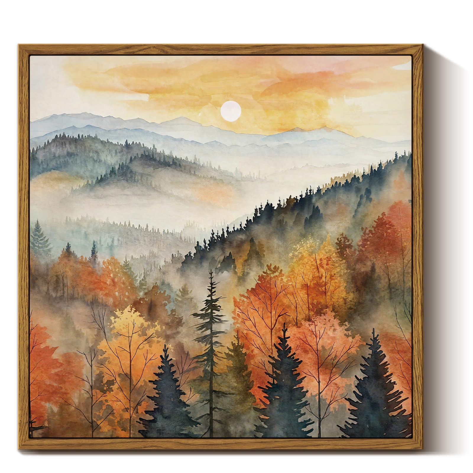 Insimsea Square Framed Canvas Wall Art, Nature Scenery Decor Farmhouse Quiet Forest Awakening Wall Art Prints, Autumn Fall Class