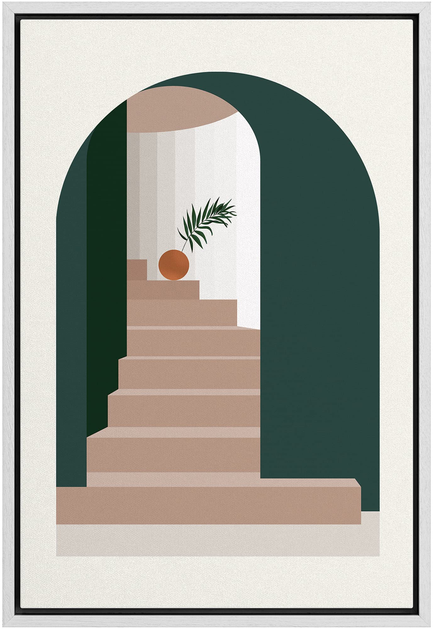 Nwt Framed Canvas Print Wall Morandi Colour Illustrations Arch Are View Room With Staircase & Palm Leaf Geometric Shapes Illustr