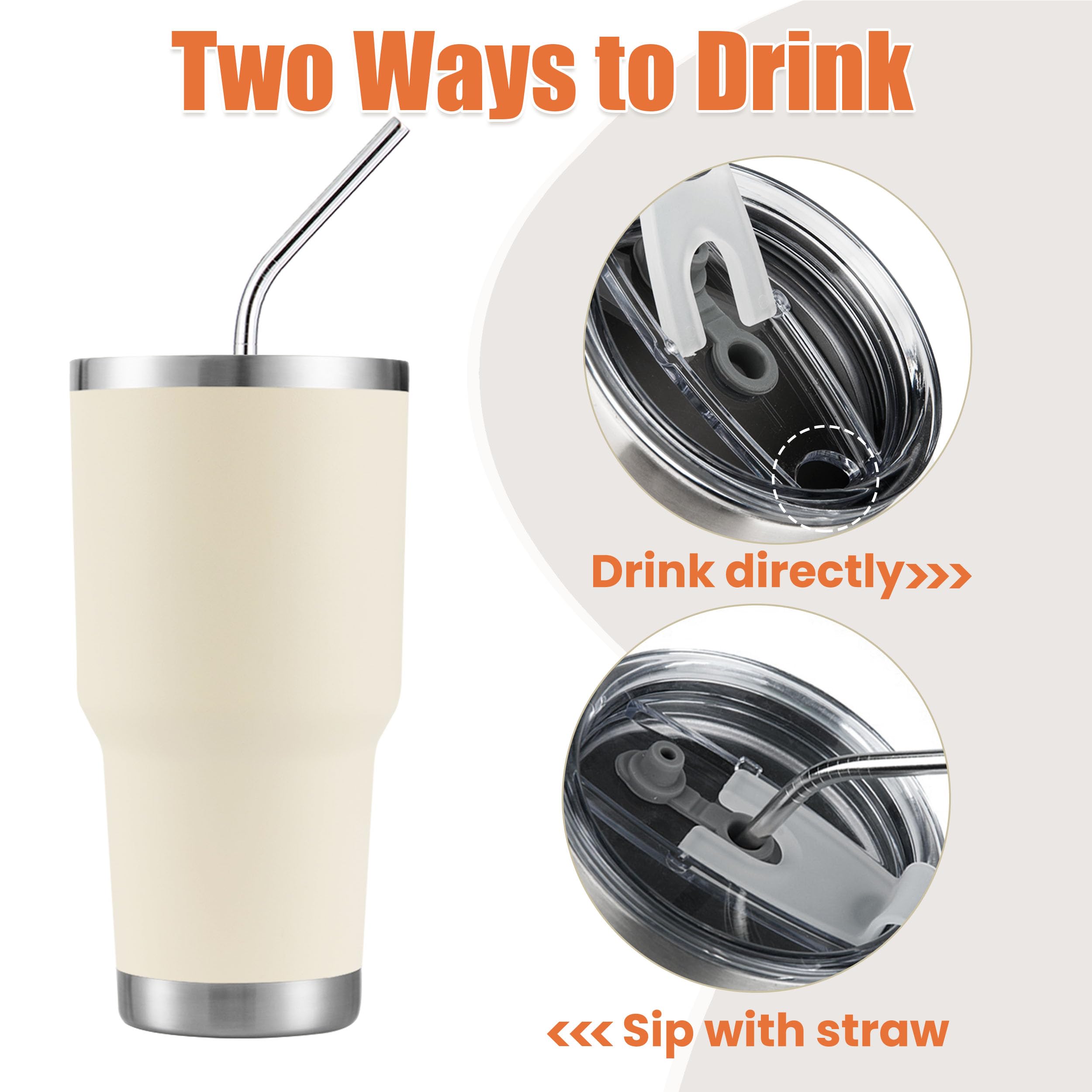 DS 30oz Cream Tumbler Stainless Steel Insulated Travel Mug with Straw Lid Cleaning Brush (30oz Cream)