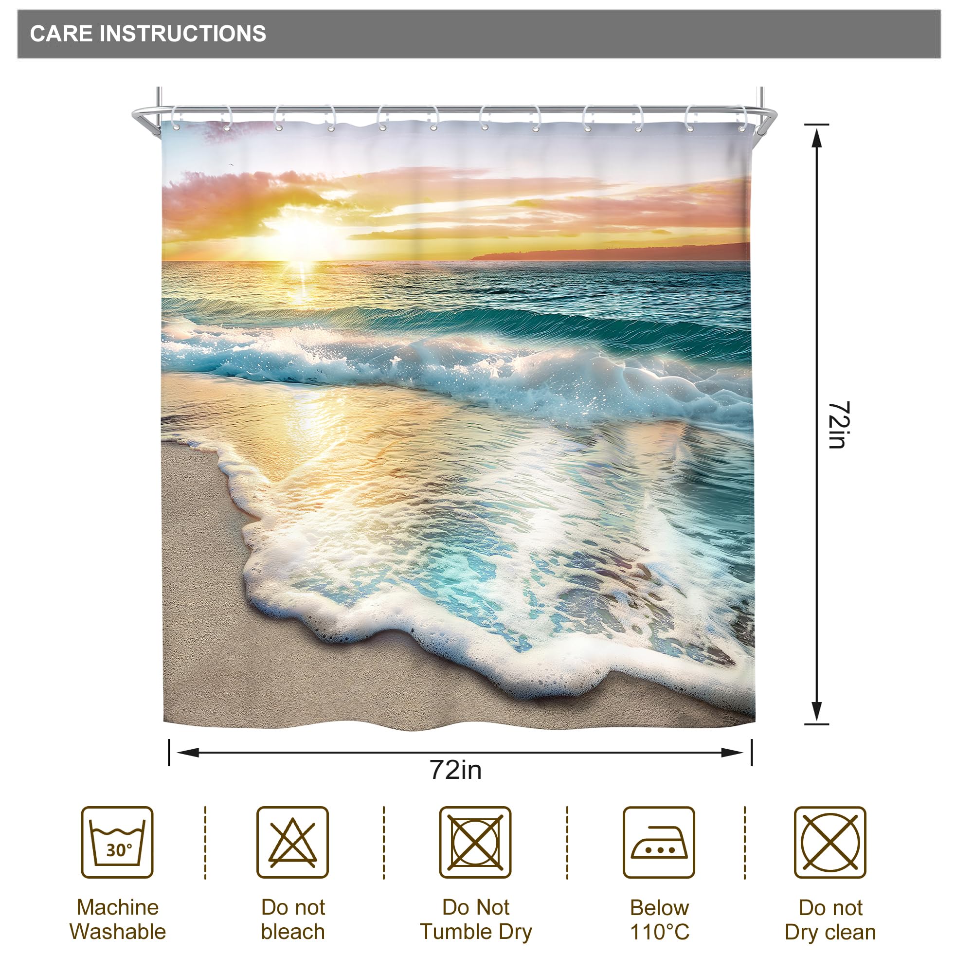 Riyidecor Beach Ocean Themed Cloth Fabric Decorative Shower Curtain Sets for Bathroom Sunrise Sunset View Scene 72x72 Inch Hawaii Seashore Summer Coastal Seaside Seascape 12 Hooks Waterproof BB-JWXP