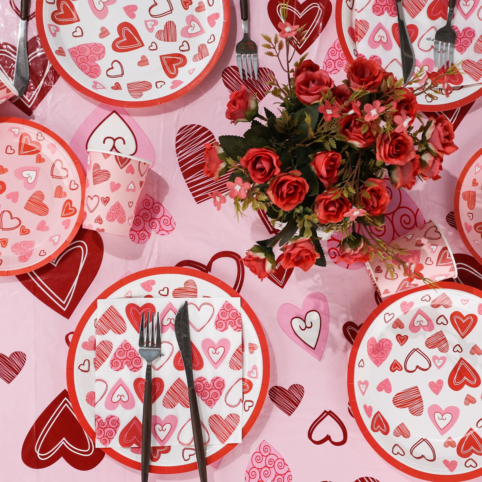 Arosche Valentines Day Decorations Party Supplies Set For 25-Disposable Paper Plates, Napkins, Cups, Tablecloth & Garlands Happy