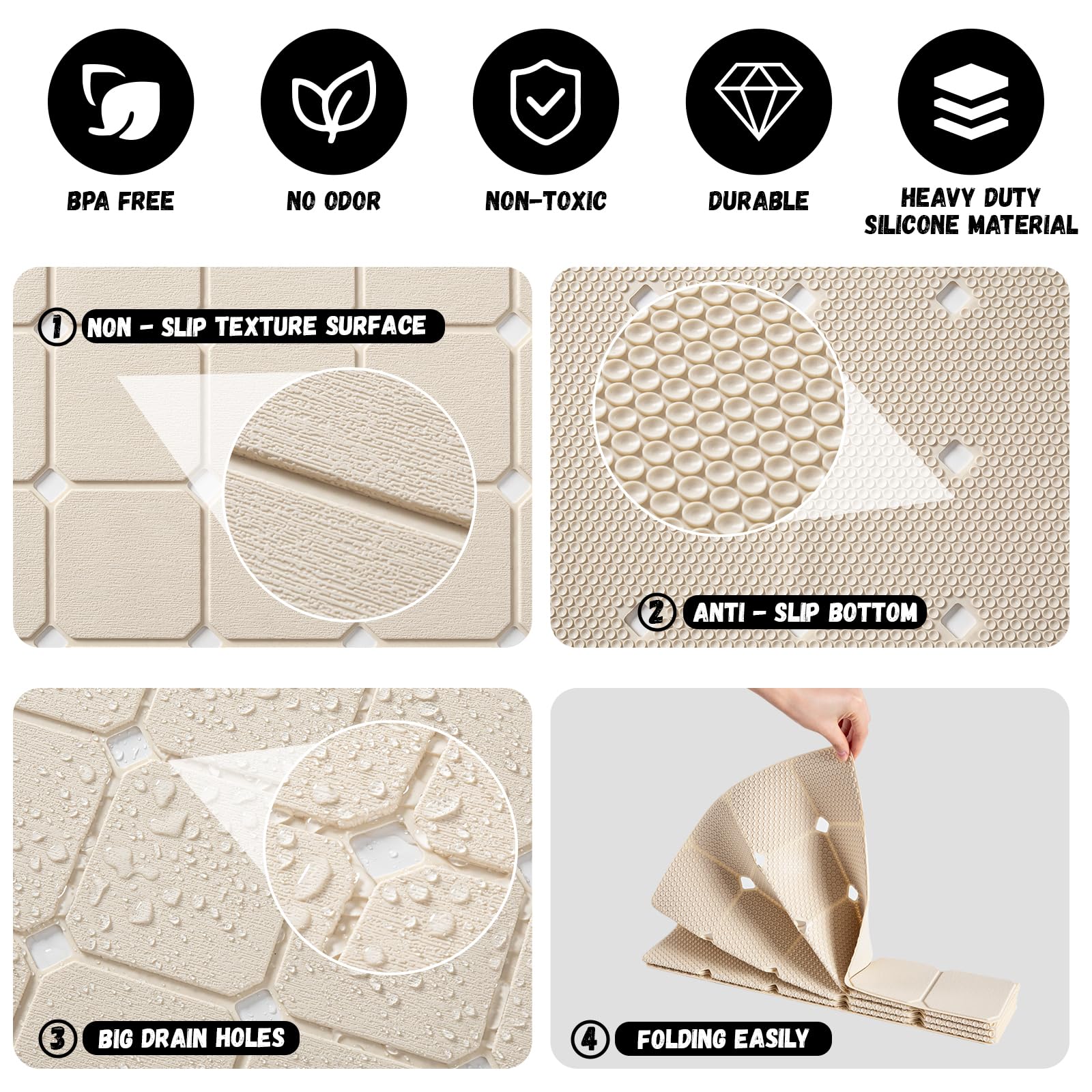 Kinbear Bath Mat For Textured Tub: Silicone Bathtub Mat Foldable Shower Mat Non Slip Tub Mat No Suction Cups 28 X 17.7Inch - Bei