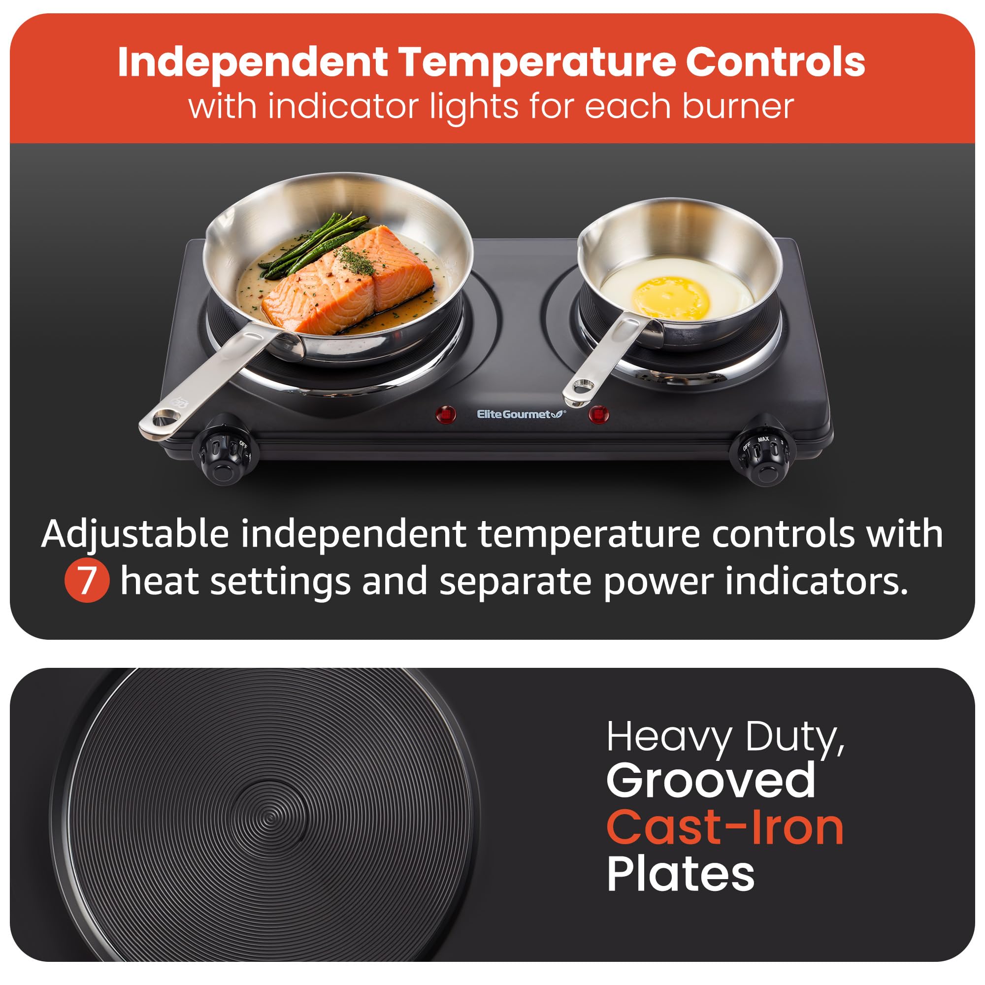 Elite Gourmet Double Cast Iron Burner, 1500W Electric Hot Plate, Temperature Control, Black, Model EDB-302BF#