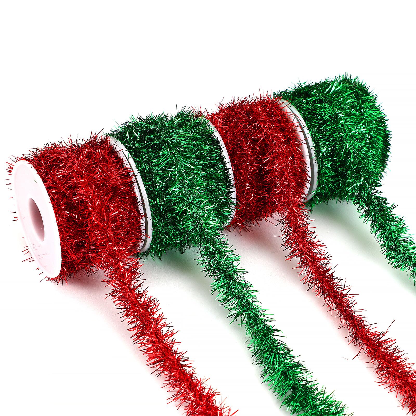 MARFOREVER 4 Rolls 65.7 FT Christmas Tinsel Ribbon Glitter Red Green Tinsel Xmas Decorations for Christmas Tree Birthday Party I