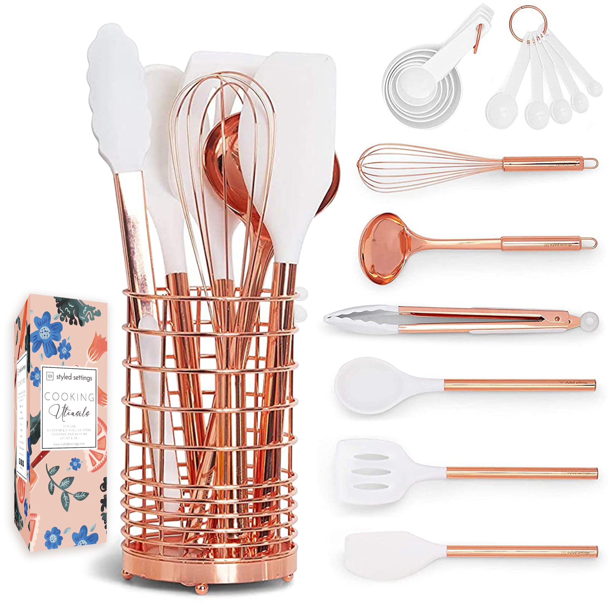 White Silicone & Copper Kitchen Utensils Set With Holder - 17 Pc Rose Gold Kitchen Utensils Set Includes White & Copper Measurin