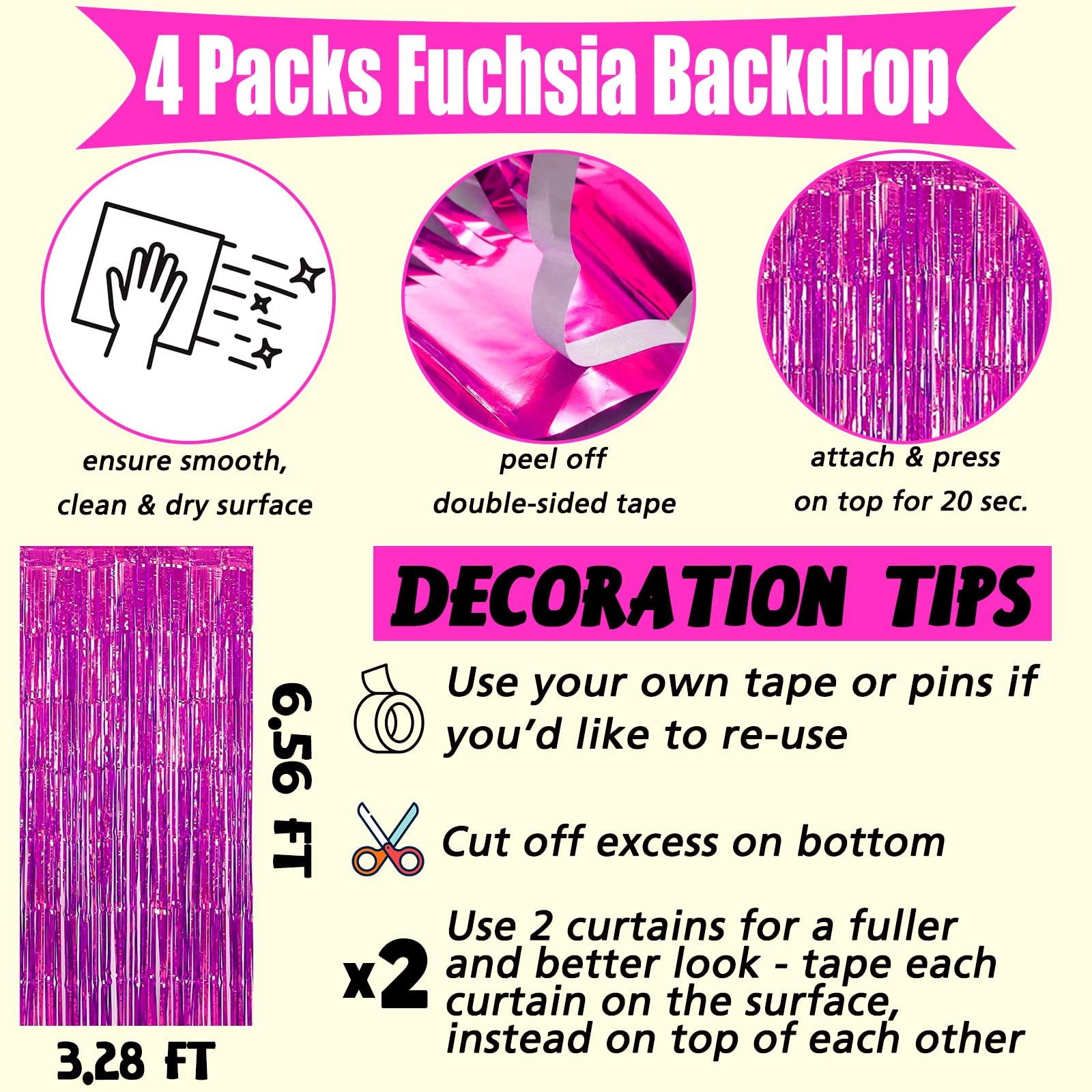 4 Pack Fuchsia Fringe Curtain Backdrop  3.2Ft x 6.6Ft Metallic Tinsel Foil Fringe Streamers Curtains Background for Photo Booth Birthday Wedding Baby Shower Party Thanksgiving Christmas Decorations