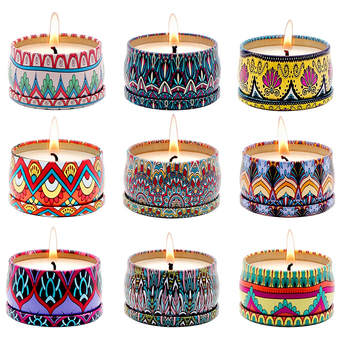 HILAYUN 9-Pack Scented Candles Gift Set, 2.5 oz Boho Tin Candles for Home Aromatherapy, Relaxation Gift Baskets, Unisex, Colorfu