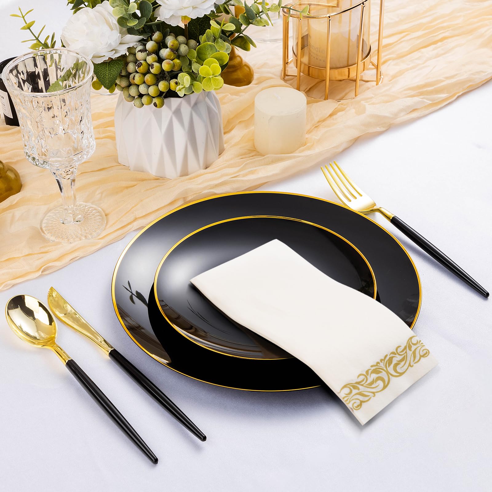 175 Pieces Black Gold Plastic Dinnerware Set, Black And Gold Disposable Plates For Party, Include 50 Black Plates With Plastic C