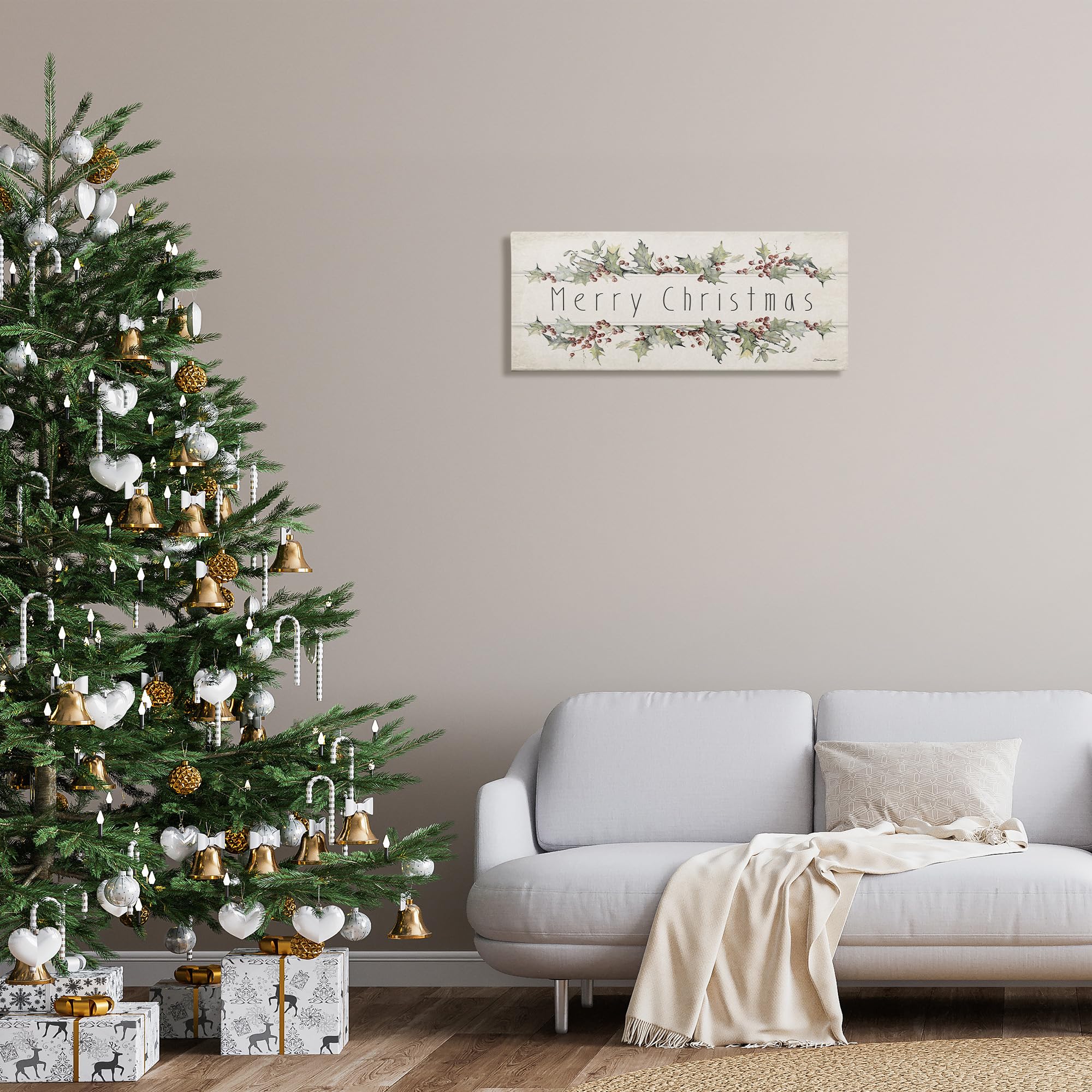 Stupell Industries Merry Christmas Sentiments Winter Holly Florals, Designed By Stephanie Workman Marrott Canvas Wall Art, 13X30