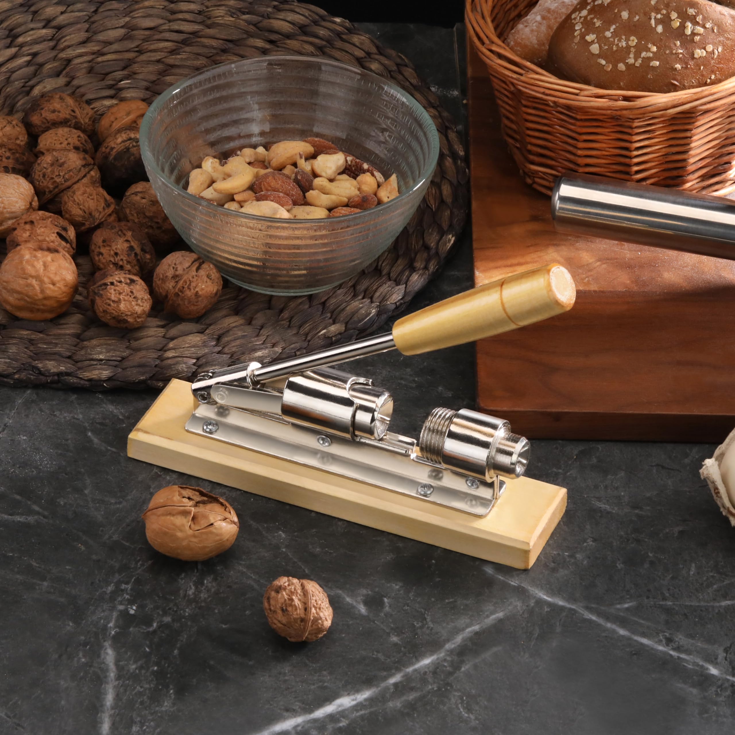 New Star Foodservice 28003 Heavy Duty Pecan Nut Cracker, Nickel-Plated Steel/Wood Base
