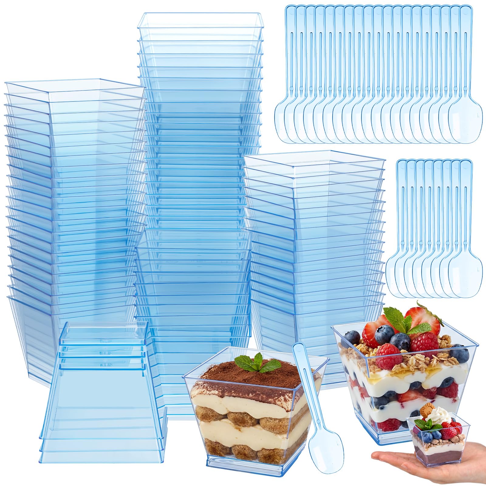 Mifoci 50 Sets Dessert Cups with Spoons, Square Disposable Plastic Parfait Bowl, Elegant Clear Dessert Cups for Fruit Ice Cream 