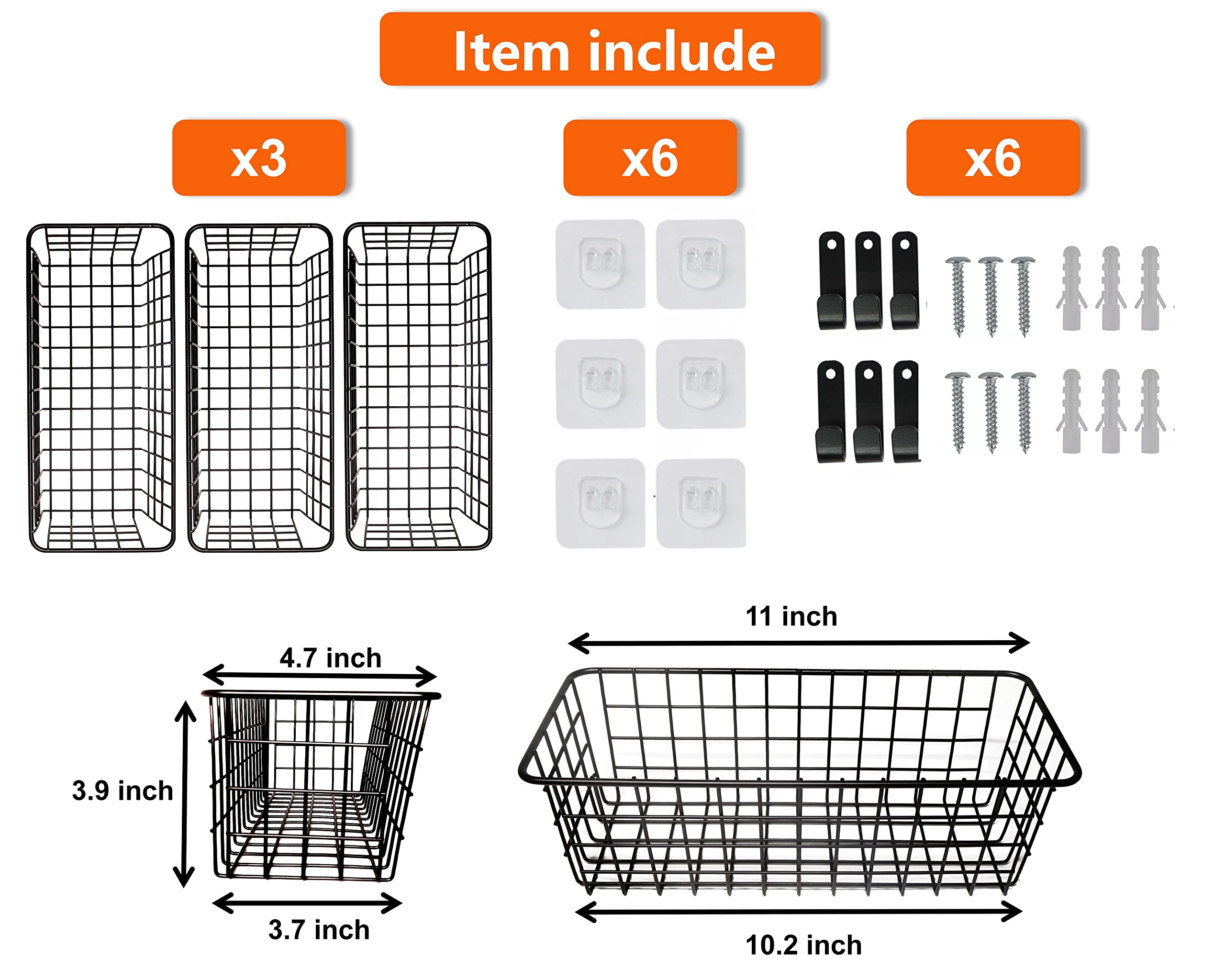 3 Set Hanging Wire Baskets Wall Mount Fruit Basket No Drilling Adhesive Small Metal Basket Farmhouse Food Storage Mesh Bin Kitchen Pantry Laundry Bathroom Closet Garage RV Black