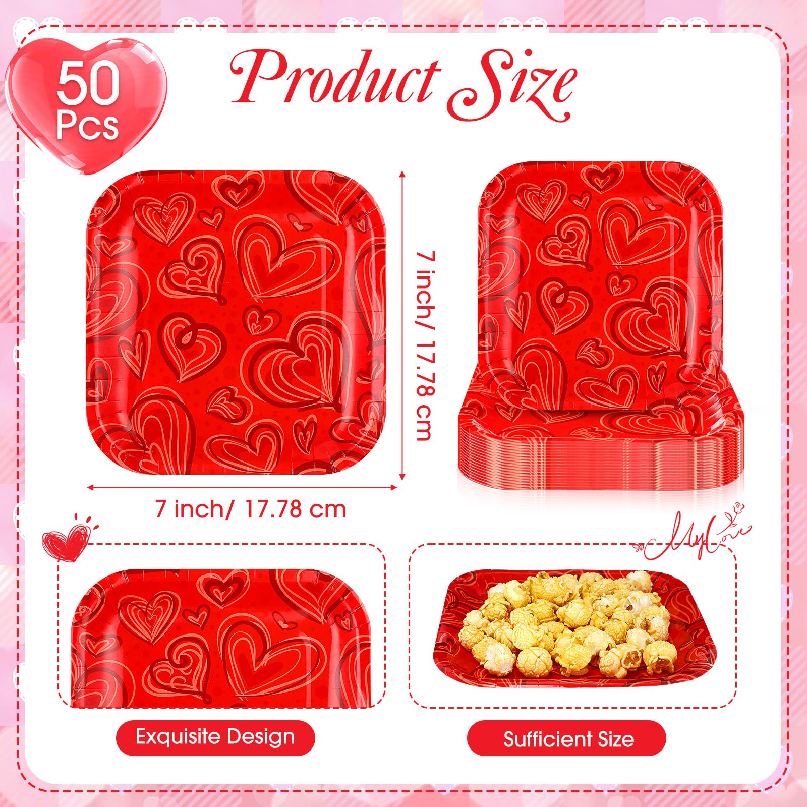 Ziliny 50 Pcs 7 Inch Valentine'S Day Dessert Plates Square Red Disposable Plates Heart Paper Plates Valentines Party Plates Deco