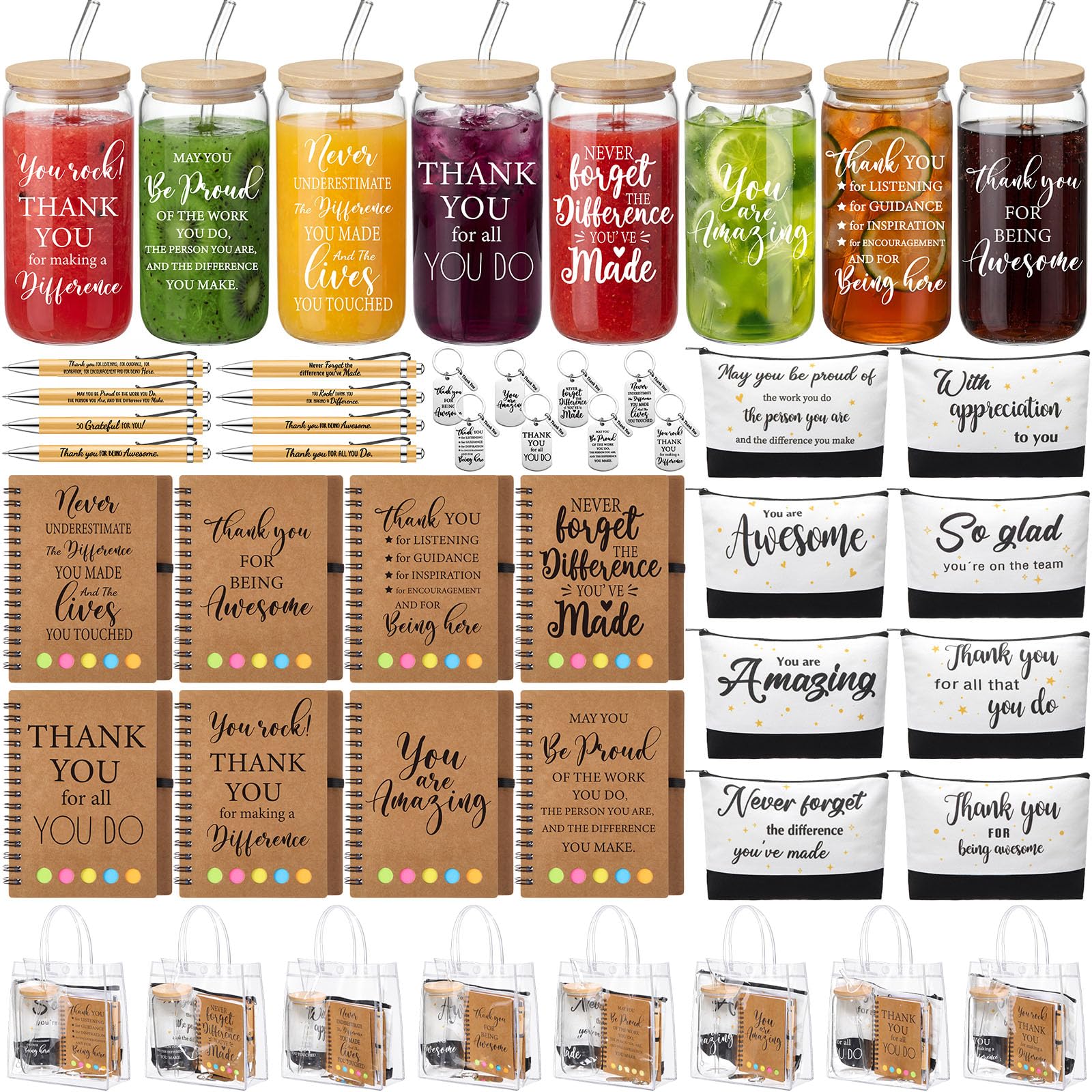 Purpeak 8 Set/48 Pcs Employee Appreciation Gifts Bulk with Gift Bags Colorful Marble Style Notebook Pen 16oz Glasses Cup Makeup 