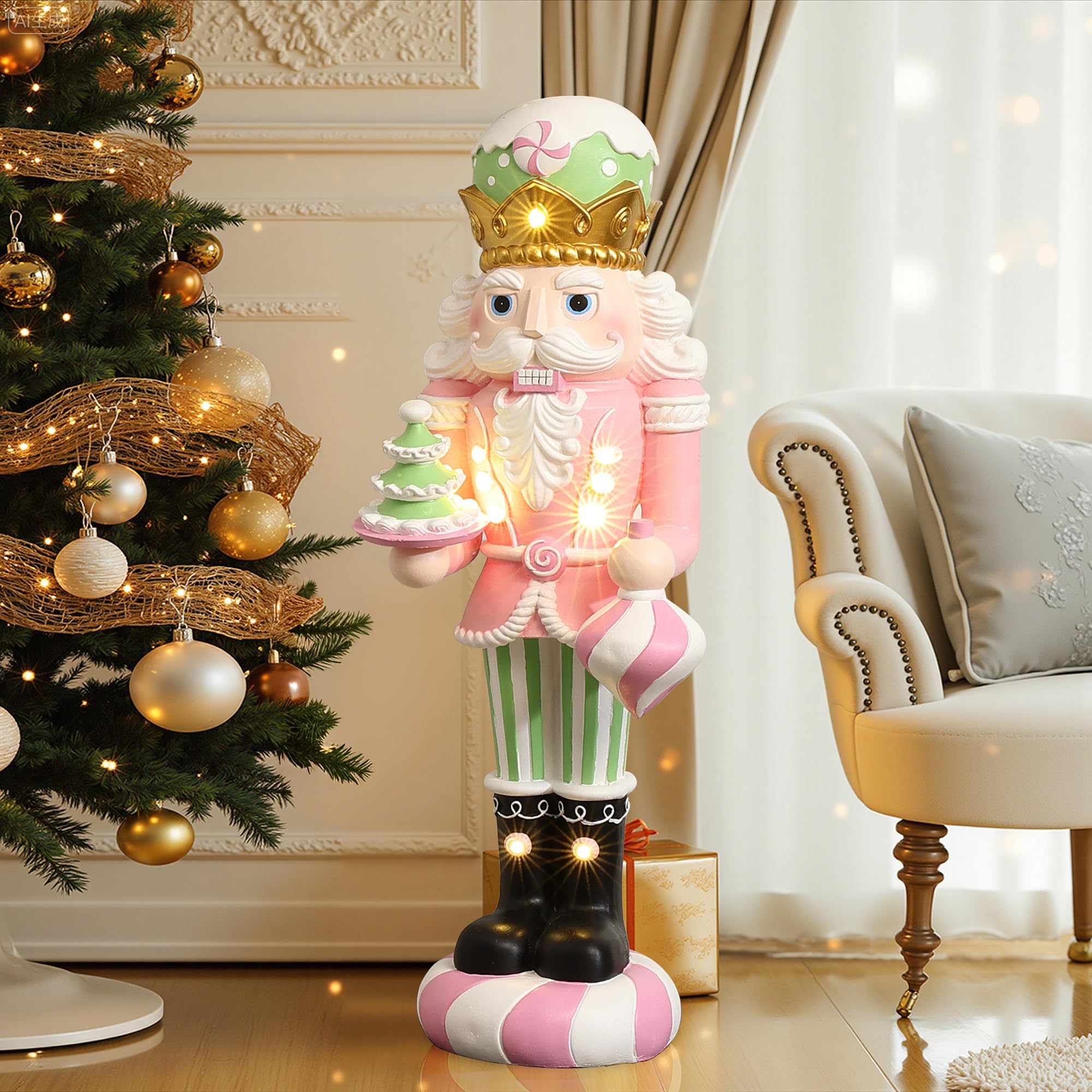 LuxenHome 3FT Tall Nutcracker Christmas Decoration, Candy Theme Large Nutcracker Soldier Decoration with Candy Tree, Lighted Chr