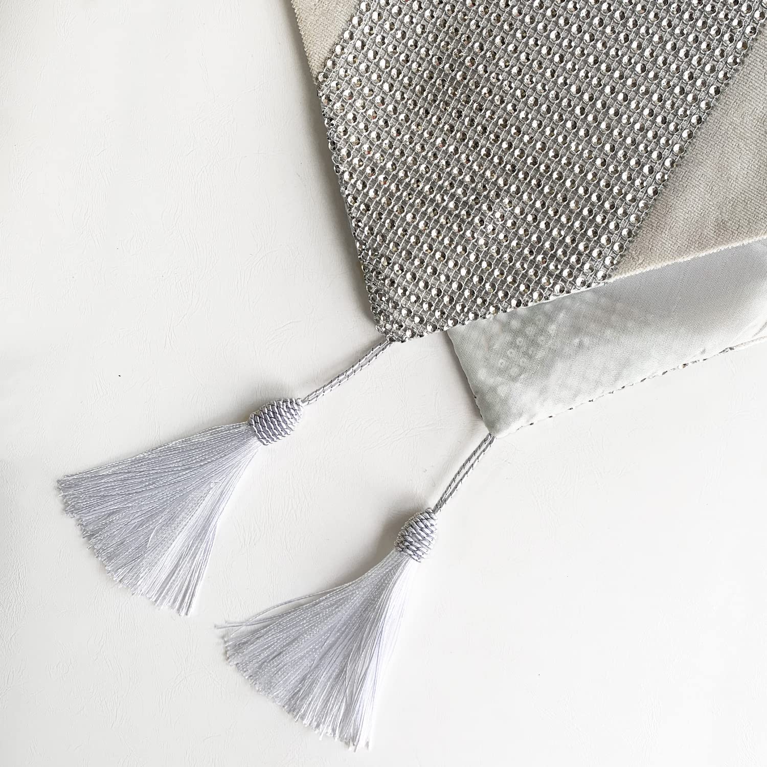 Hemiaor Rhinestone Wedding Sequined Table Runner With Tassels,13X98 Inches,Creamy White