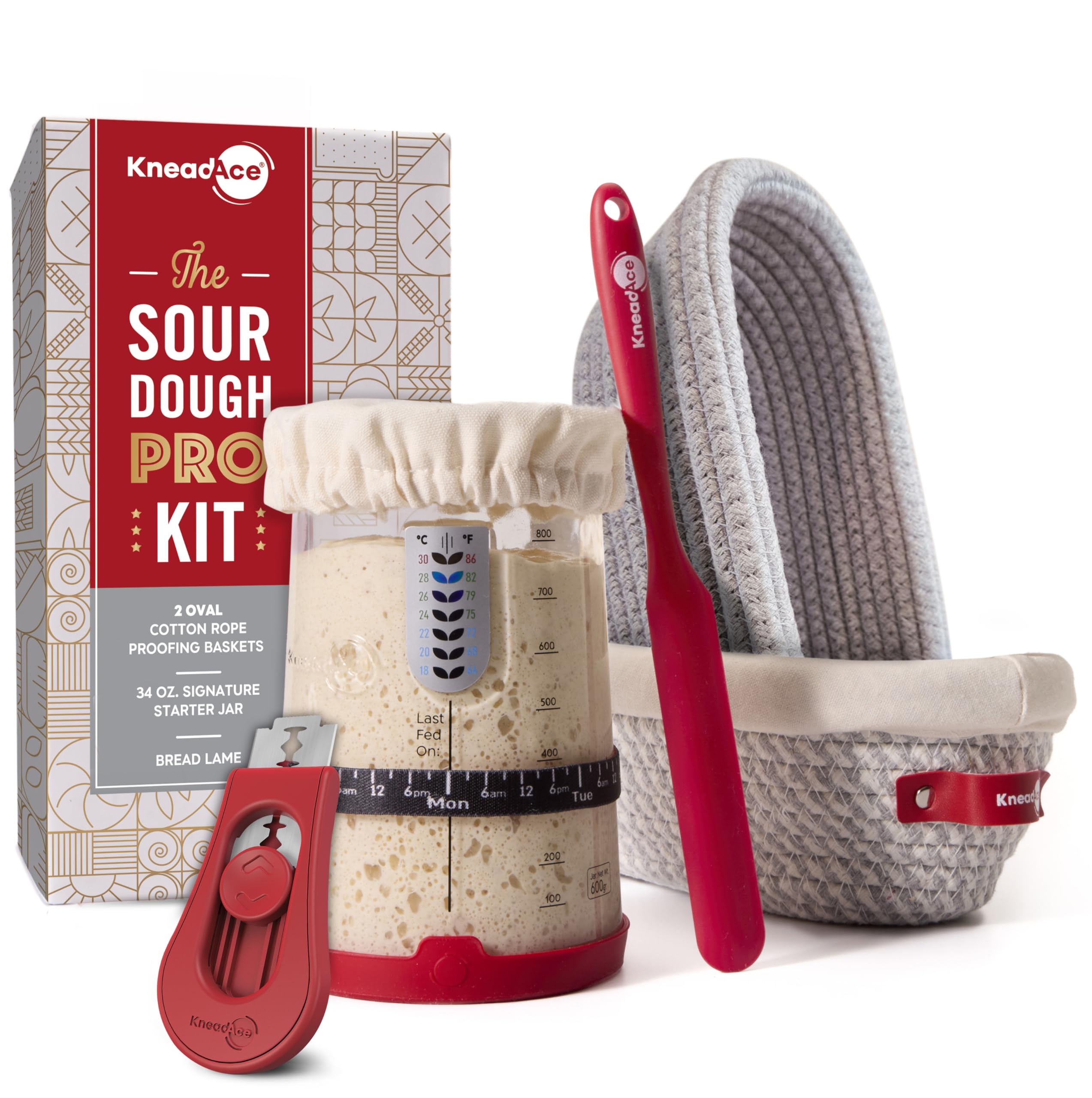KneadAce Sourdough Starter Kit - 34oz Starter Jar, 2 Oval Banneton Proofing Baskets, Magnetic Bread Lame for Scoring - Gift for 