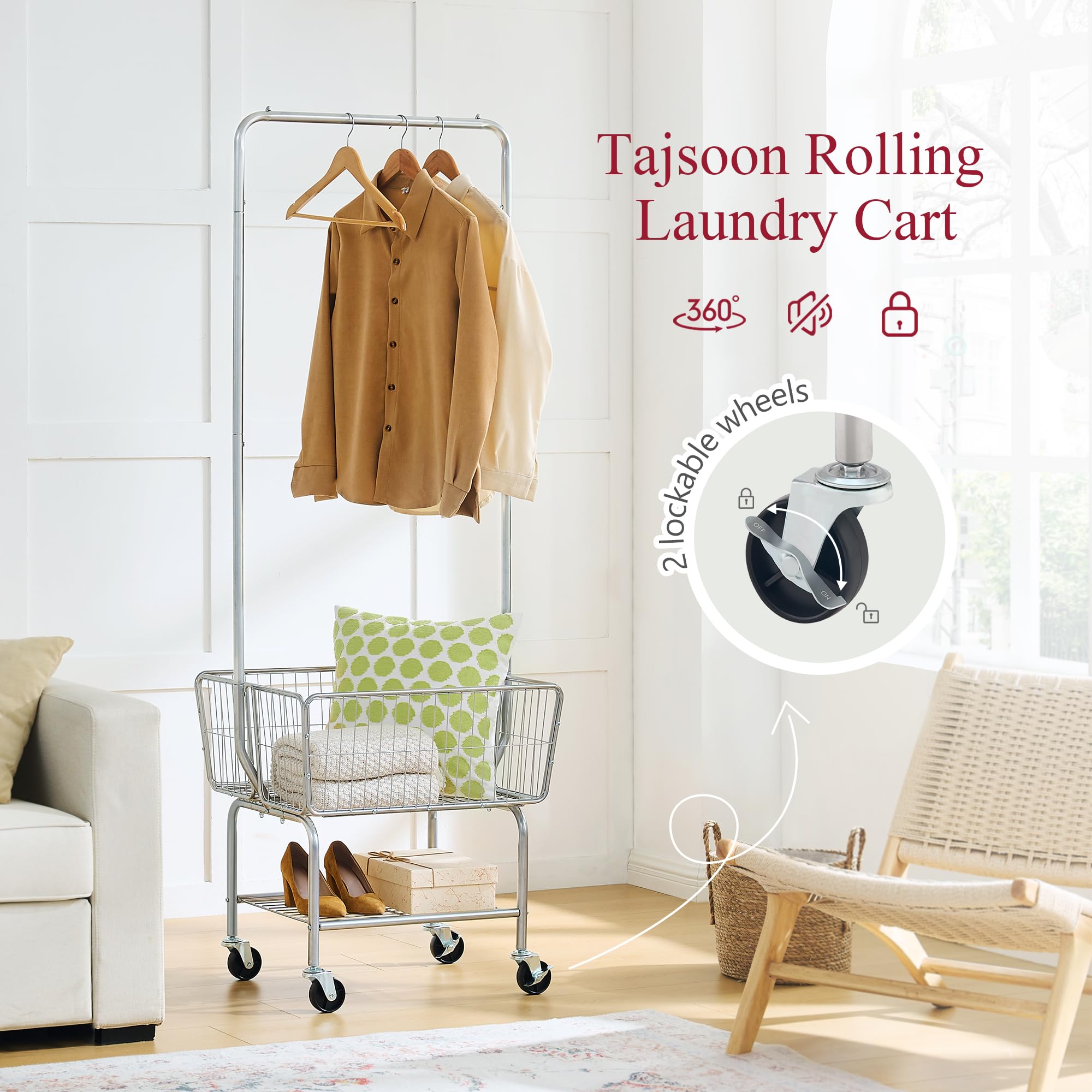Tajsoon Laundry Cart With Hanging Rack, Metal Laundry Basket With Wheels, Laundry Hamper With Storage Basket, Rolling Laundry Ca