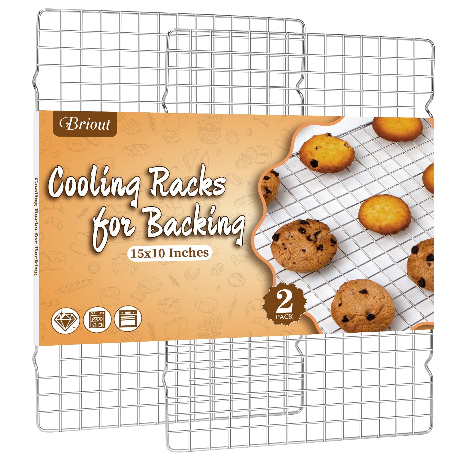 Briout 2PCS Cooling Racks for Cooking and Baking - 15x10 Inches Heavy Duty Stainless Steel Wire Rack for Baking, Grilling, Roast
