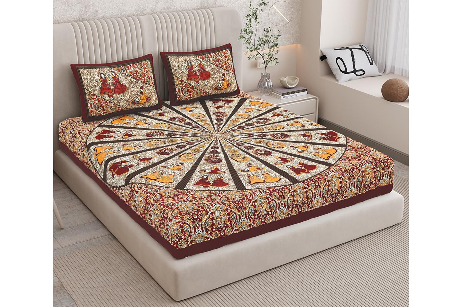 Queenie Brand Floral Printed 144 Tc 100% Cotton Double Bedsheet With Two Pillow Covers, Soft And Smooth