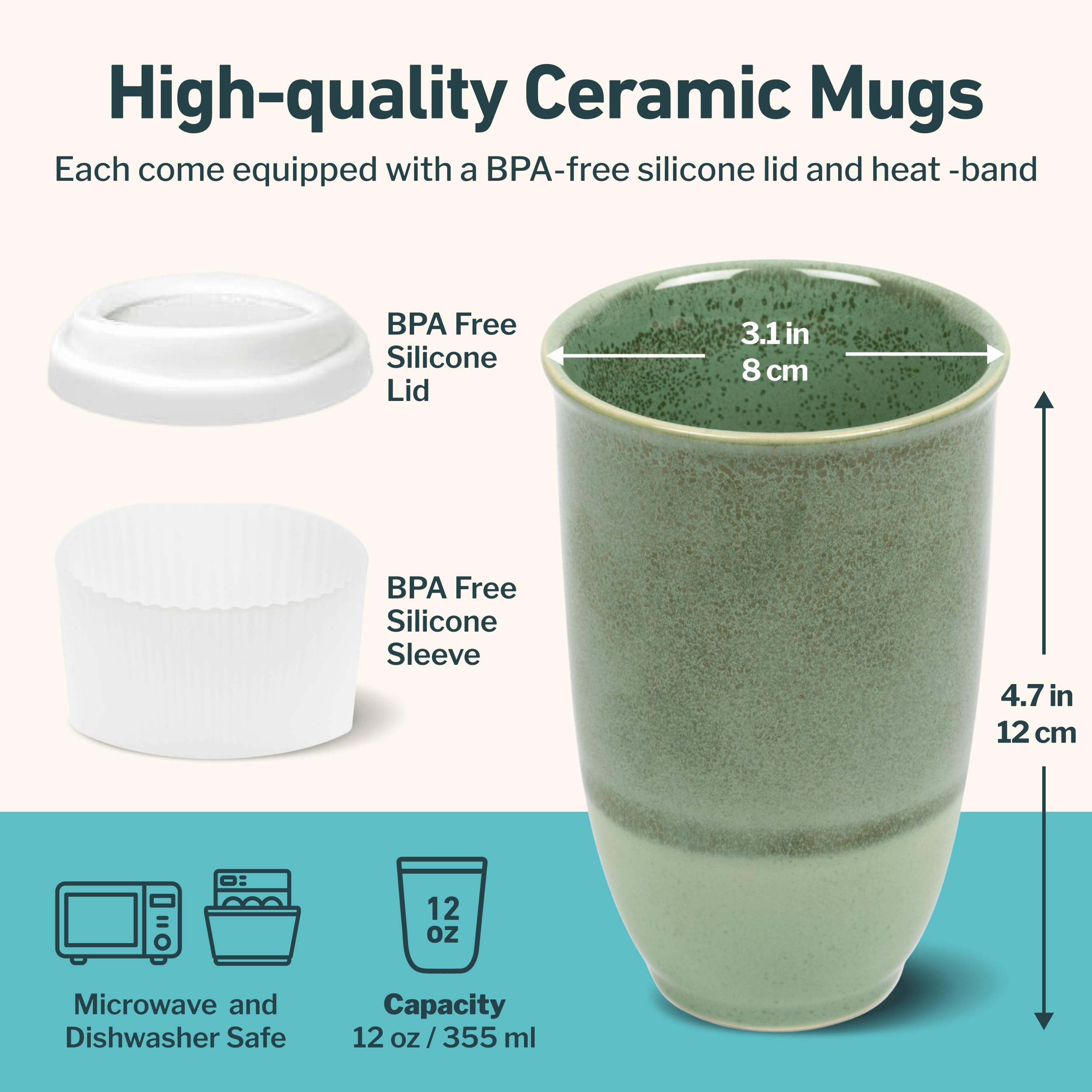 NOVA CERAMICS Travel Mug - Travel Coffee Tumbler - On the Go Coffee Mug - Microwave & Dishwasher Safe Green CoffeeTumbler - Gift