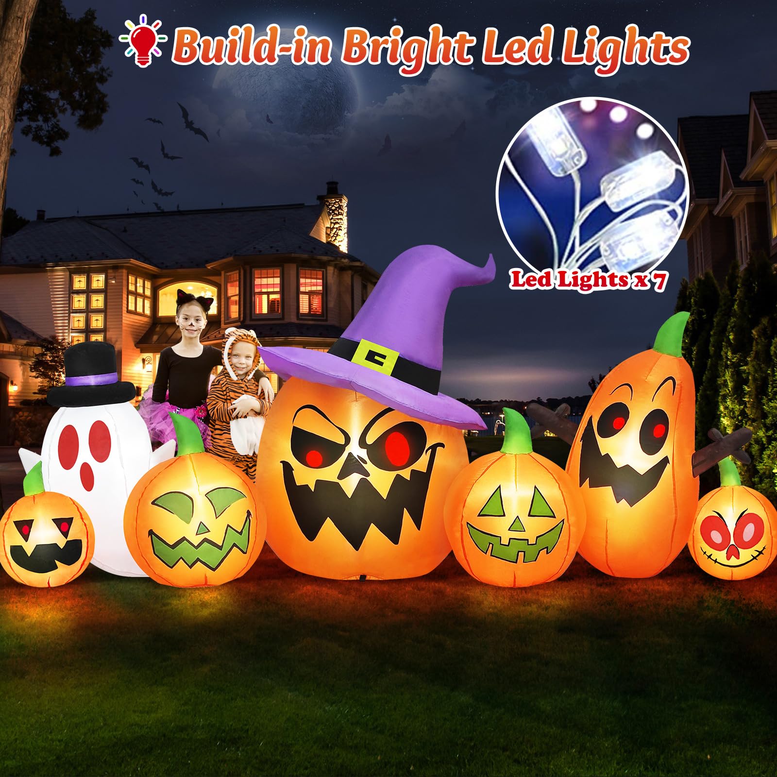 Danxilu 8FT Long Halloween Inflatables Outdoor Decorations, Haunted Inflatable Pumpkins with Witch Hat & Ghost Combo Blow Up Yar