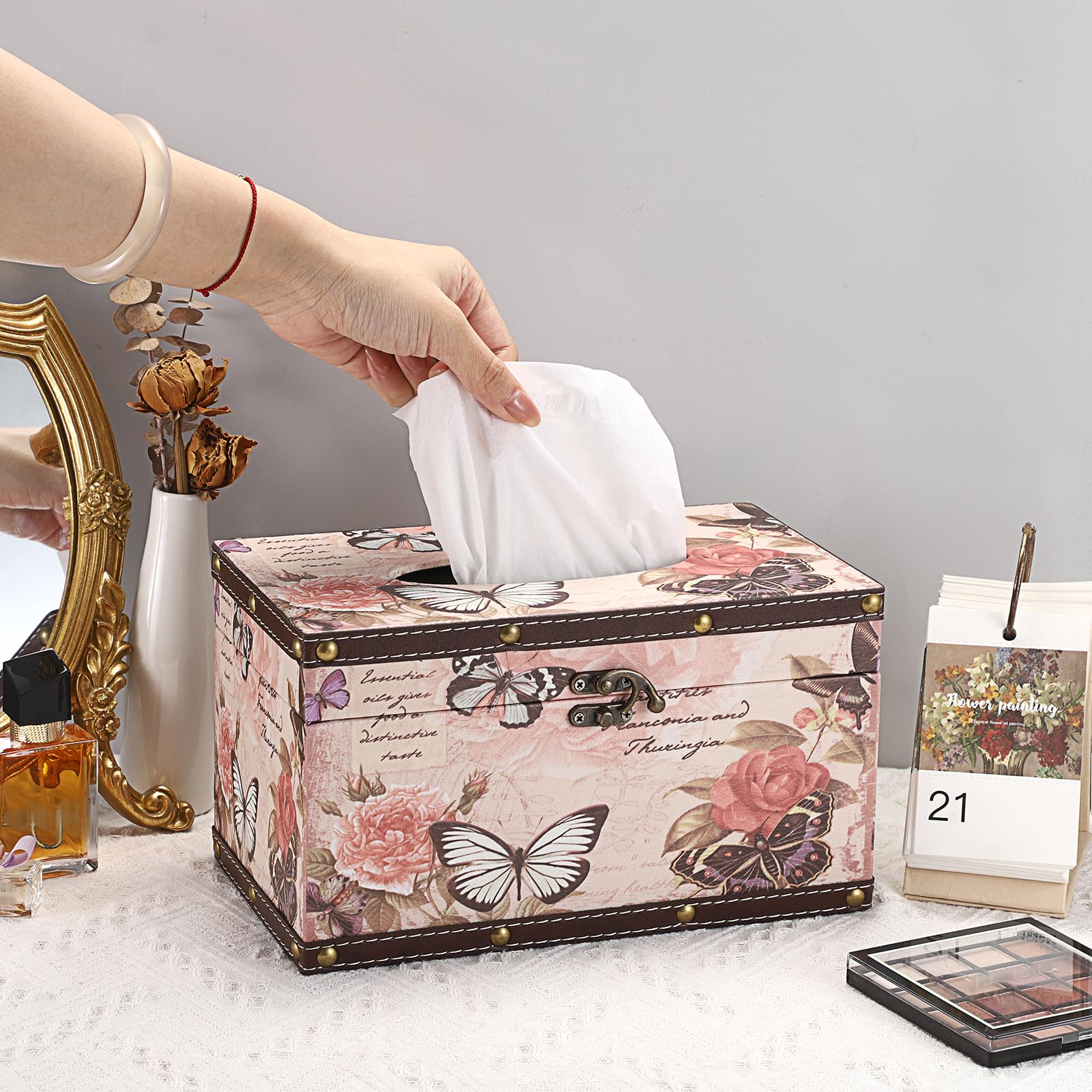 Sumnacon Tissue Box Cover Rectangle Wood Tissue Box With Hinged Lid,Vintage Pu Tissue Box Holder Retro Pink Tissue Cover For Bat